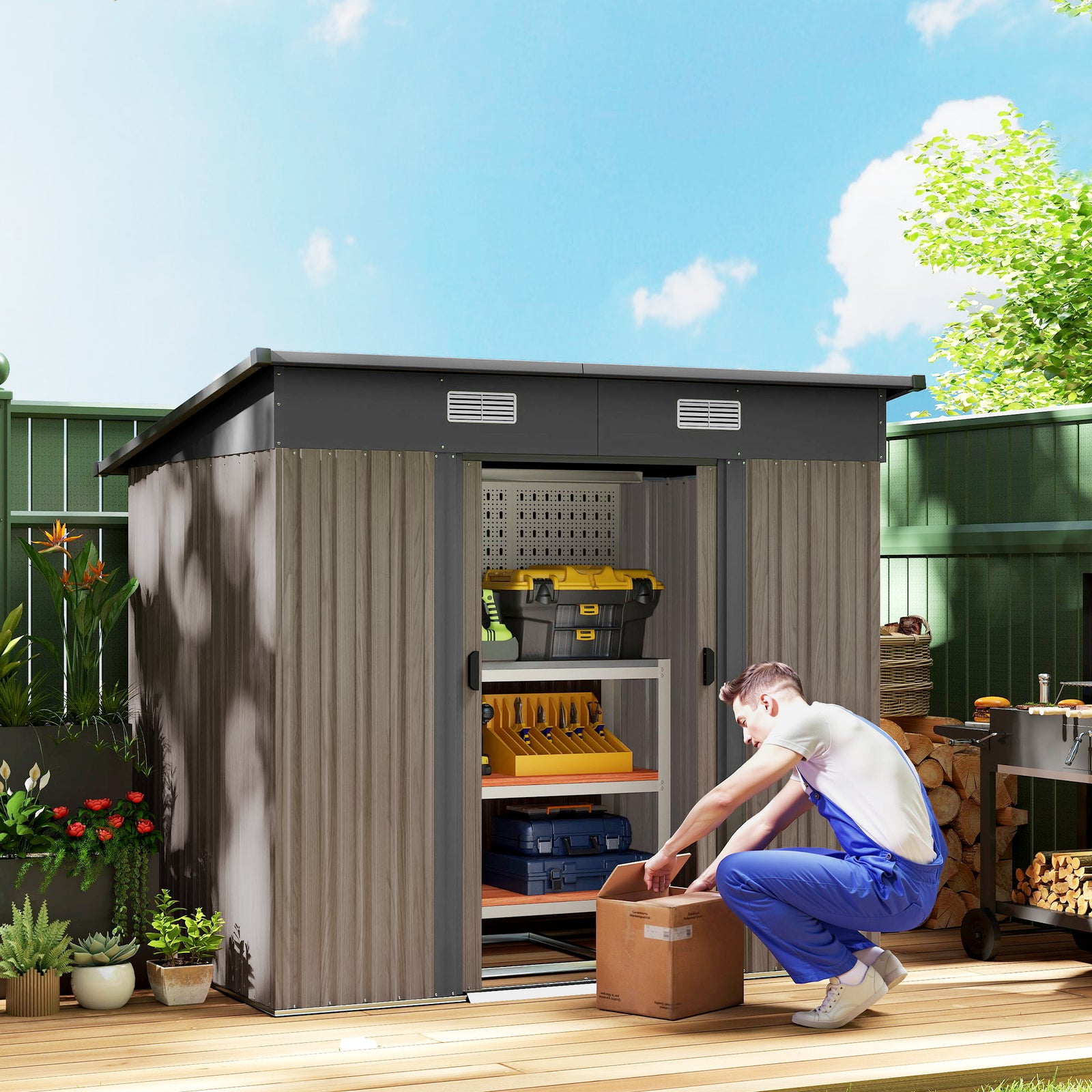 7x4ft Outdoor Metal Storage Shed, Grey