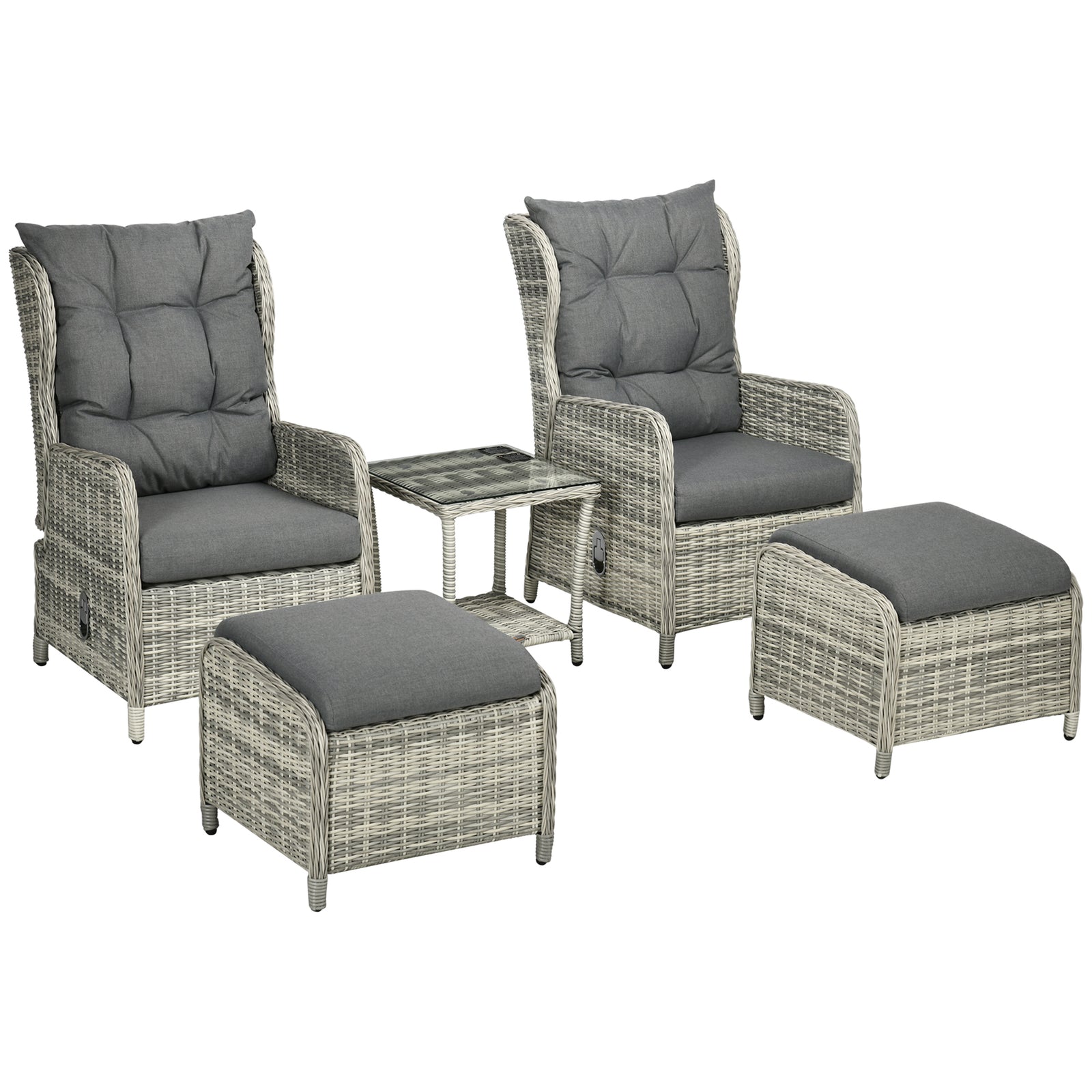 Recliner Rattan Set W/ Two-tier Glass Table, Grey