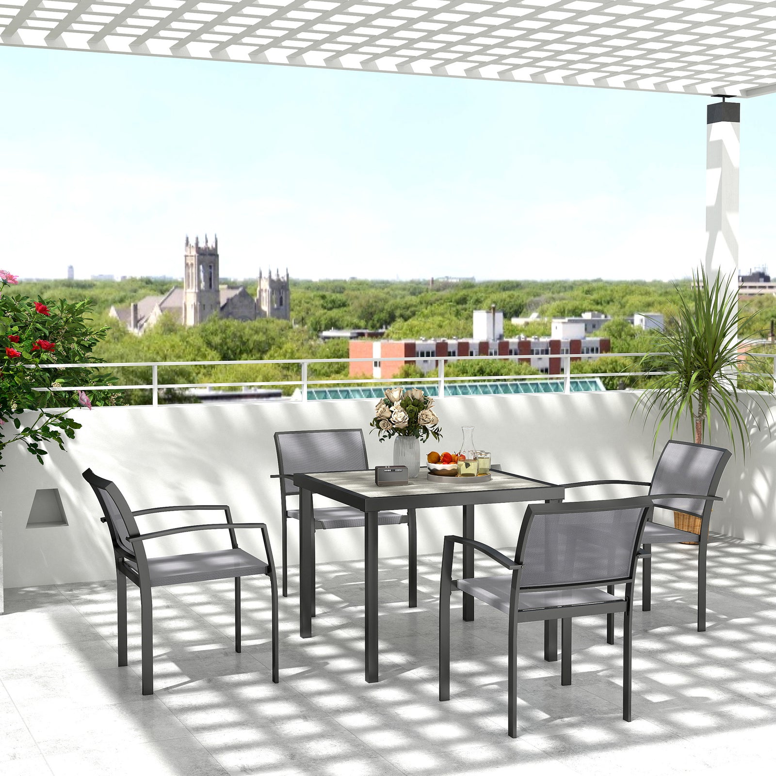 5 Piece Garden Furniture Set With 4 Stackable Armchairs
