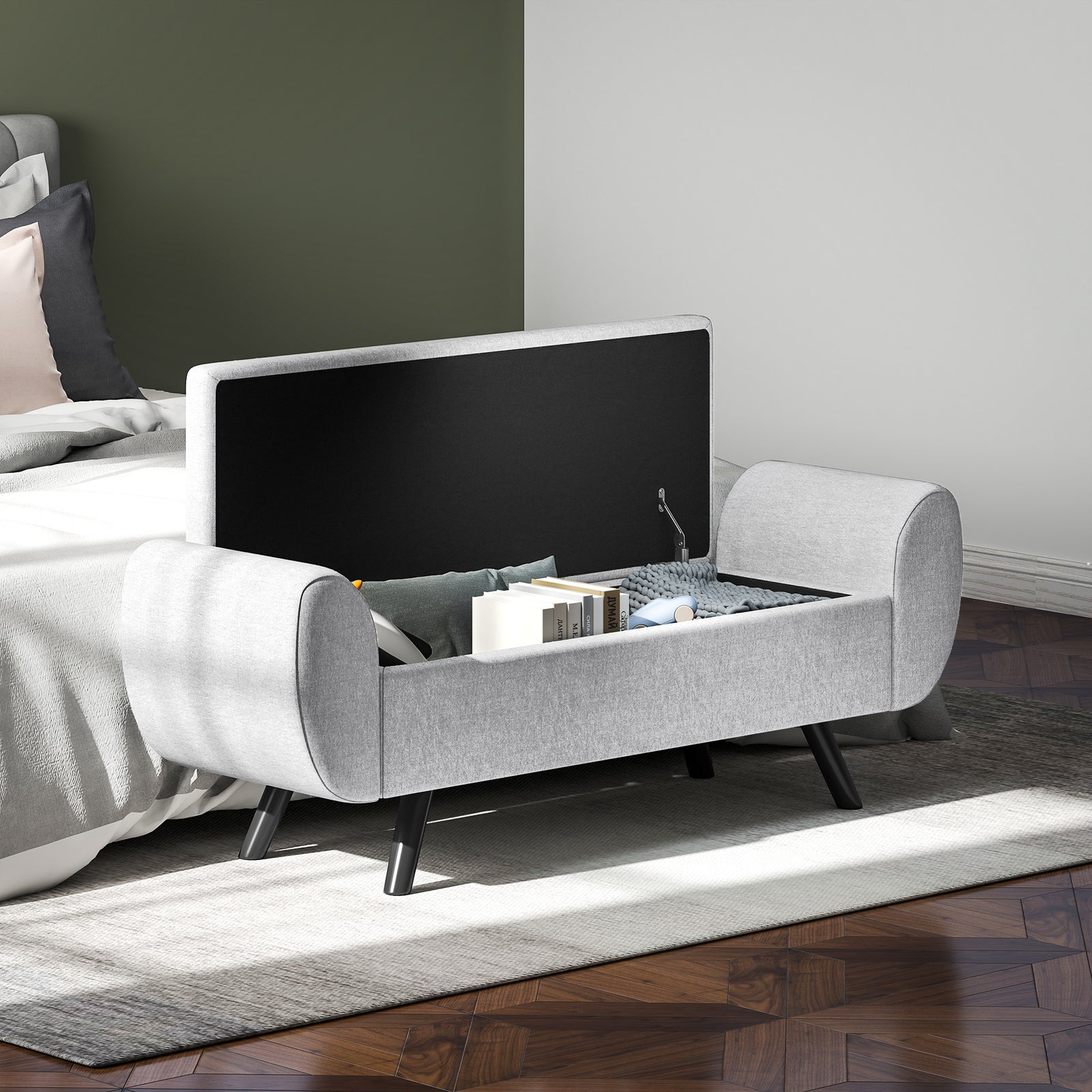 Storage Ottoman With Armrest, Upholstered Linen Storage Bench | Light Grey