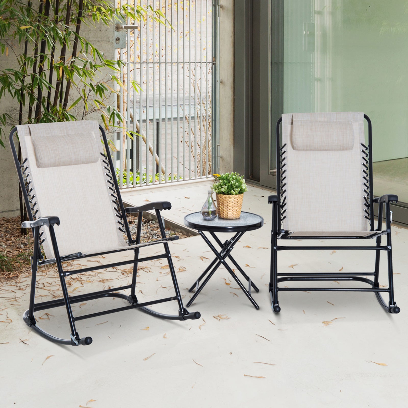 3 Piece Outdoor Rocking Set, 2 Chairs & Table | Beige