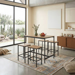 5-piece Bar Table Set With 4 Stools, Industrial Wood Grain Breakfast Bar Dining Set With Black Metal Frame