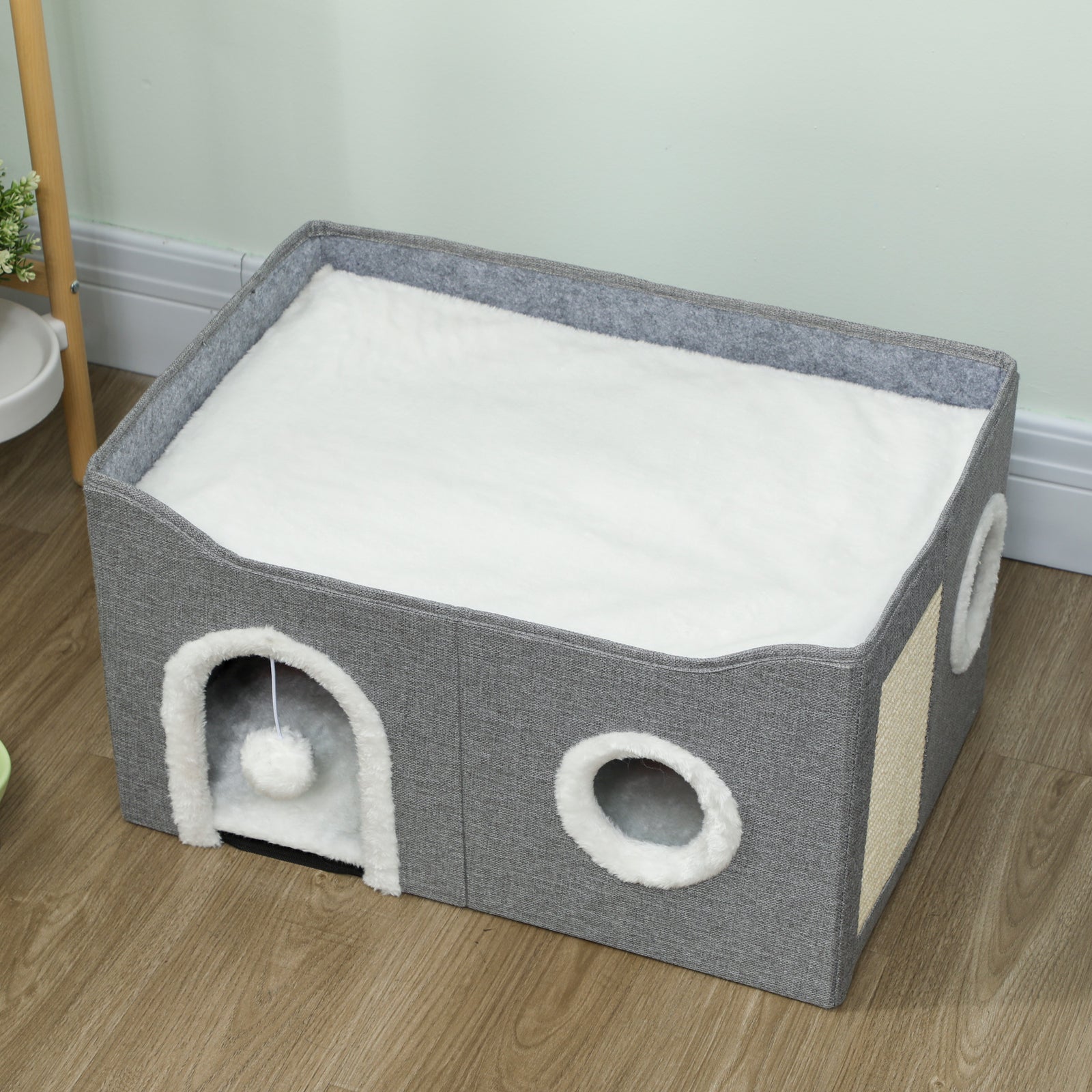 Cat Cave With Fluffy Ball And Scratch Pad For Indoor Pets