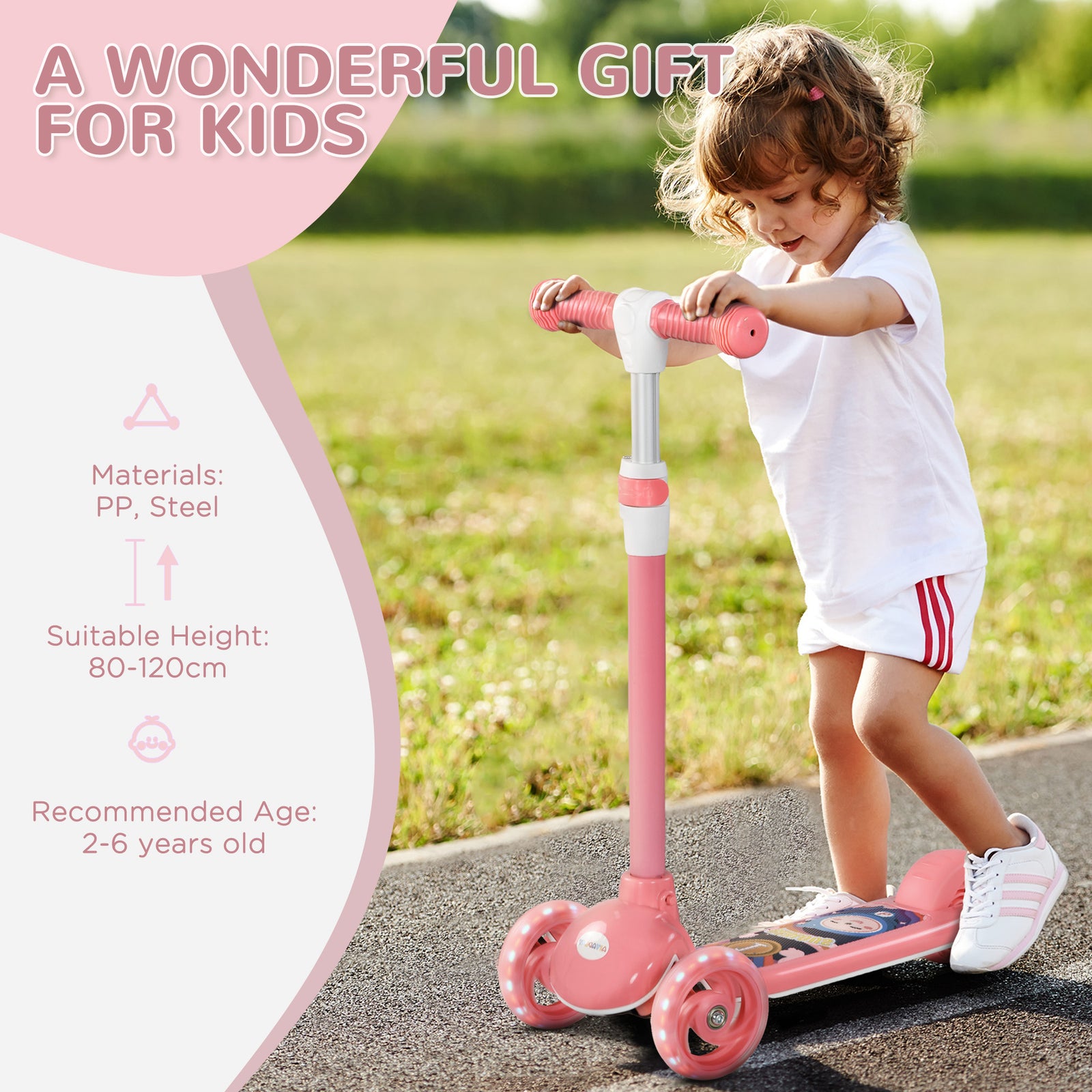 Kids 3 Wheel Scooter For 2-6 Years Old W/ Adjustable Height | Pink