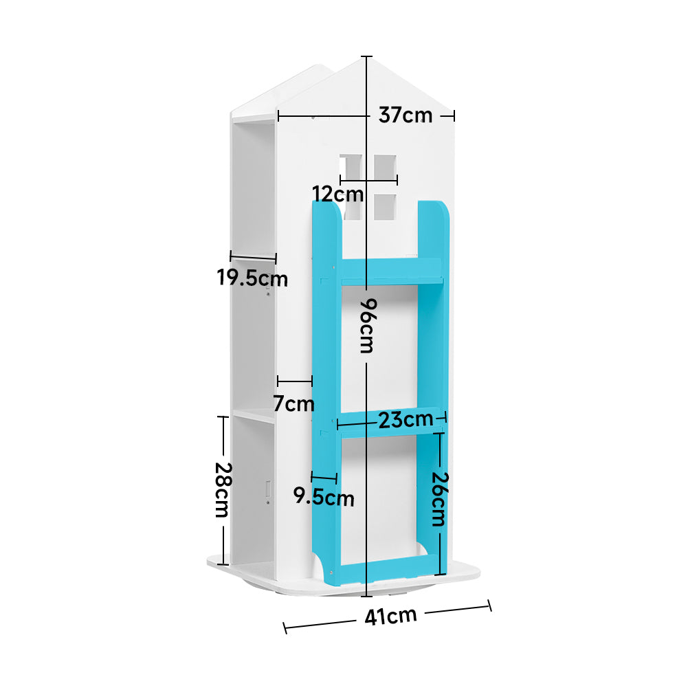 360°rotating Kids' Bookshelf Wooden House Frame Book Storage Organizer For Children | Blue