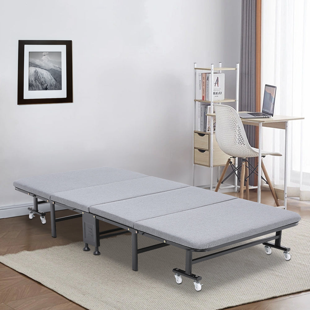 90*190cm Grey Folding Bed Steel Framed Foldable Bed With Mattress And 6 Wheels