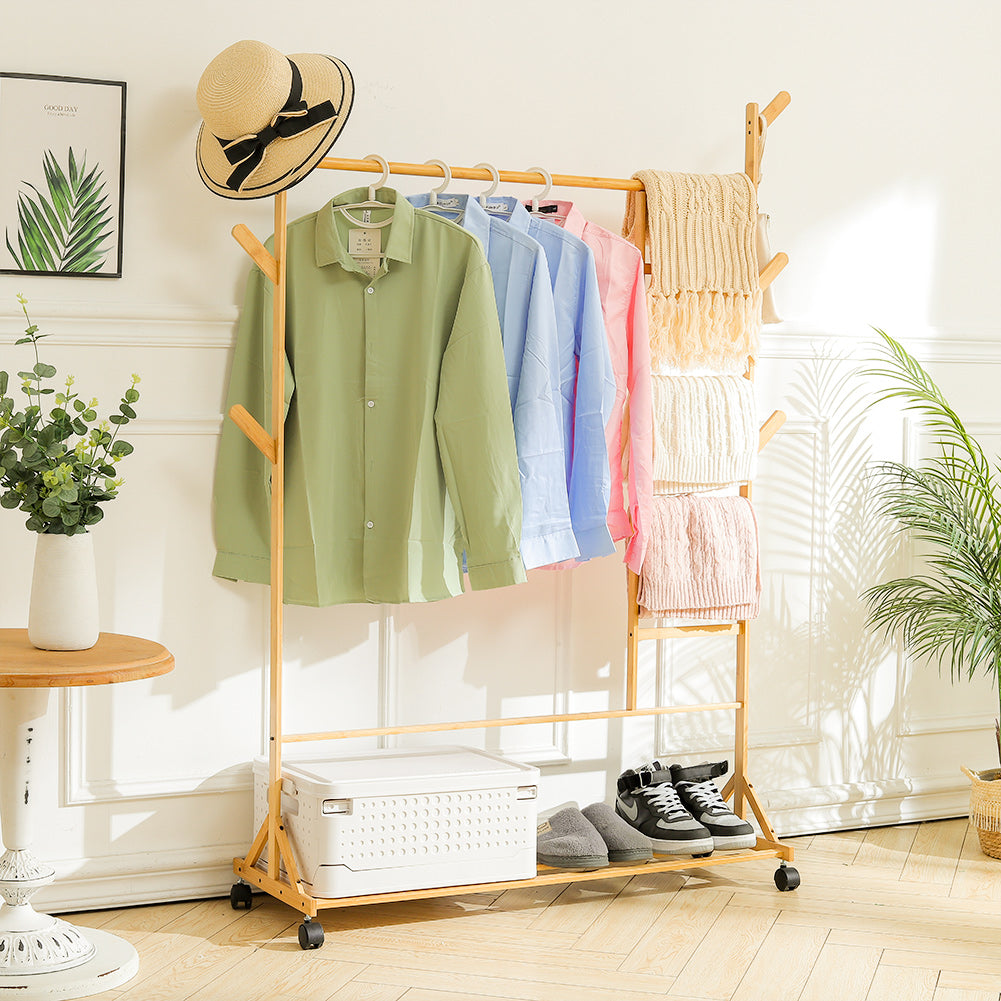 Bamboo Clothes Rack With Bottom Shelf Shoe Clothing Organizer