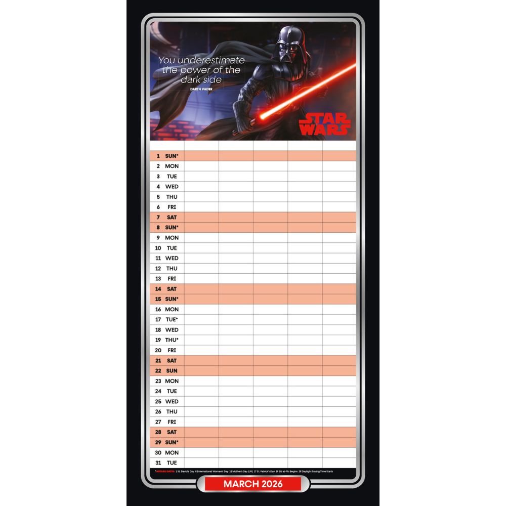 Star Wars Classic 2026 Family Organiser Calendar (with Stickers) Official Product