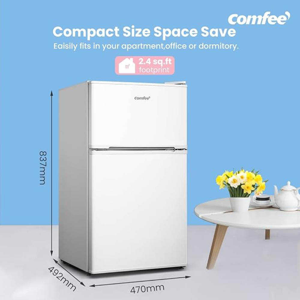 Comfee 87l Mini Fridge Freezer, 2-door Refrigerator With Led Light, Shelves, Drawer & Adjustable Thermostat | White