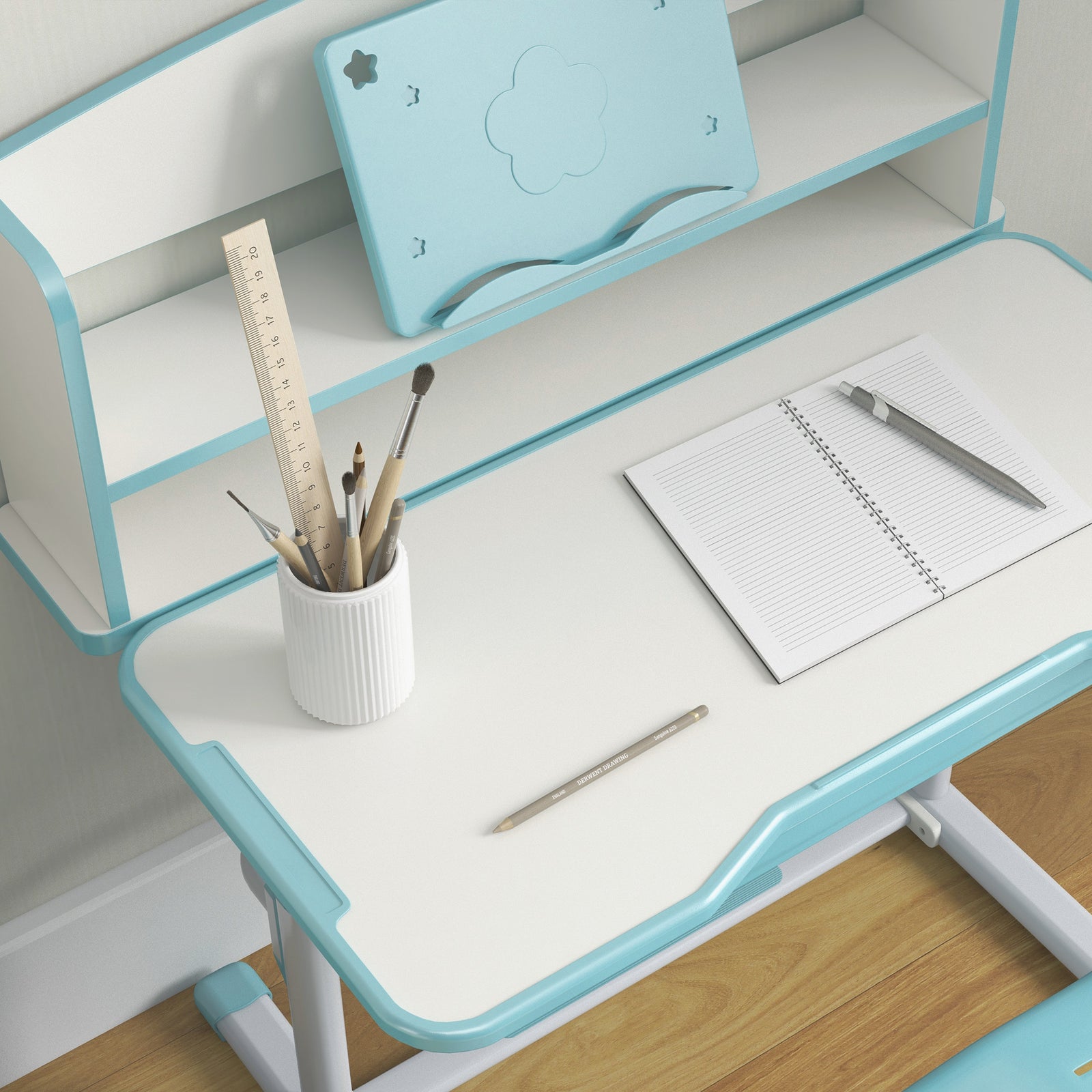 Height Adjustable Kids Desk And Chair Set, With Drawer, Bookshelf | Blue