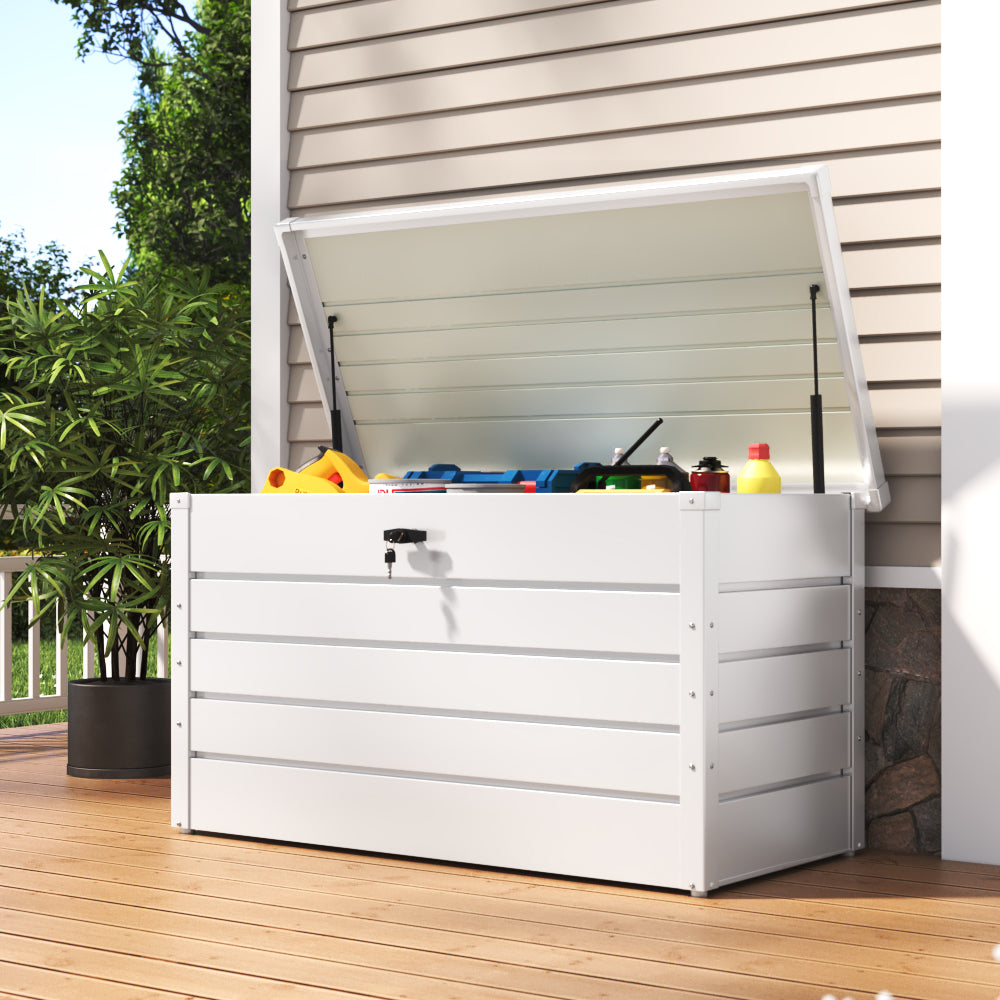 350l Lockable Steel Storage Box – Weatherproof Outdoor Garden Tool Chest Durable Waterproof Yard Storage Container | White