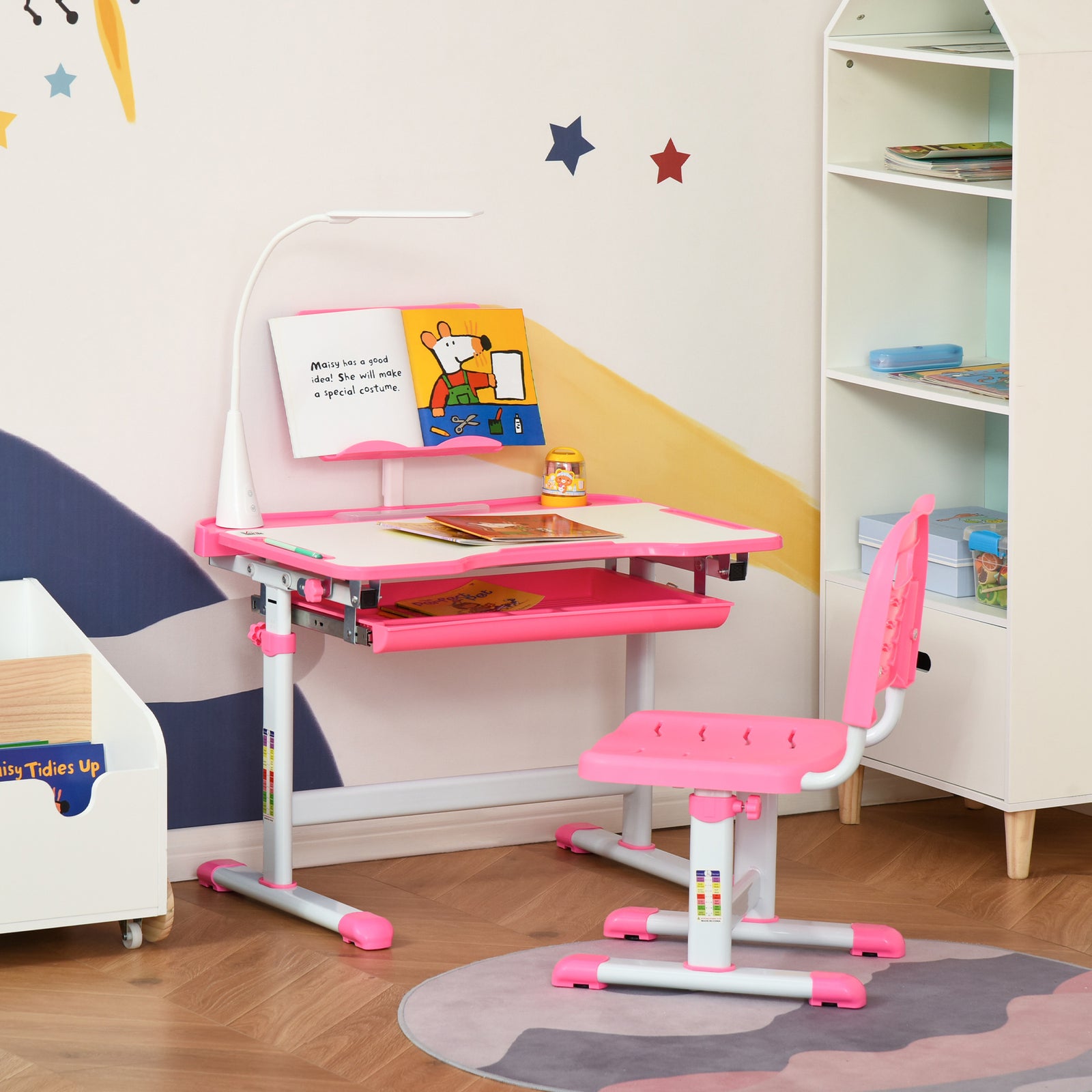 Kids Study Desk And Chair Set W/ Usb Lamp, Adjustable Height | Pink