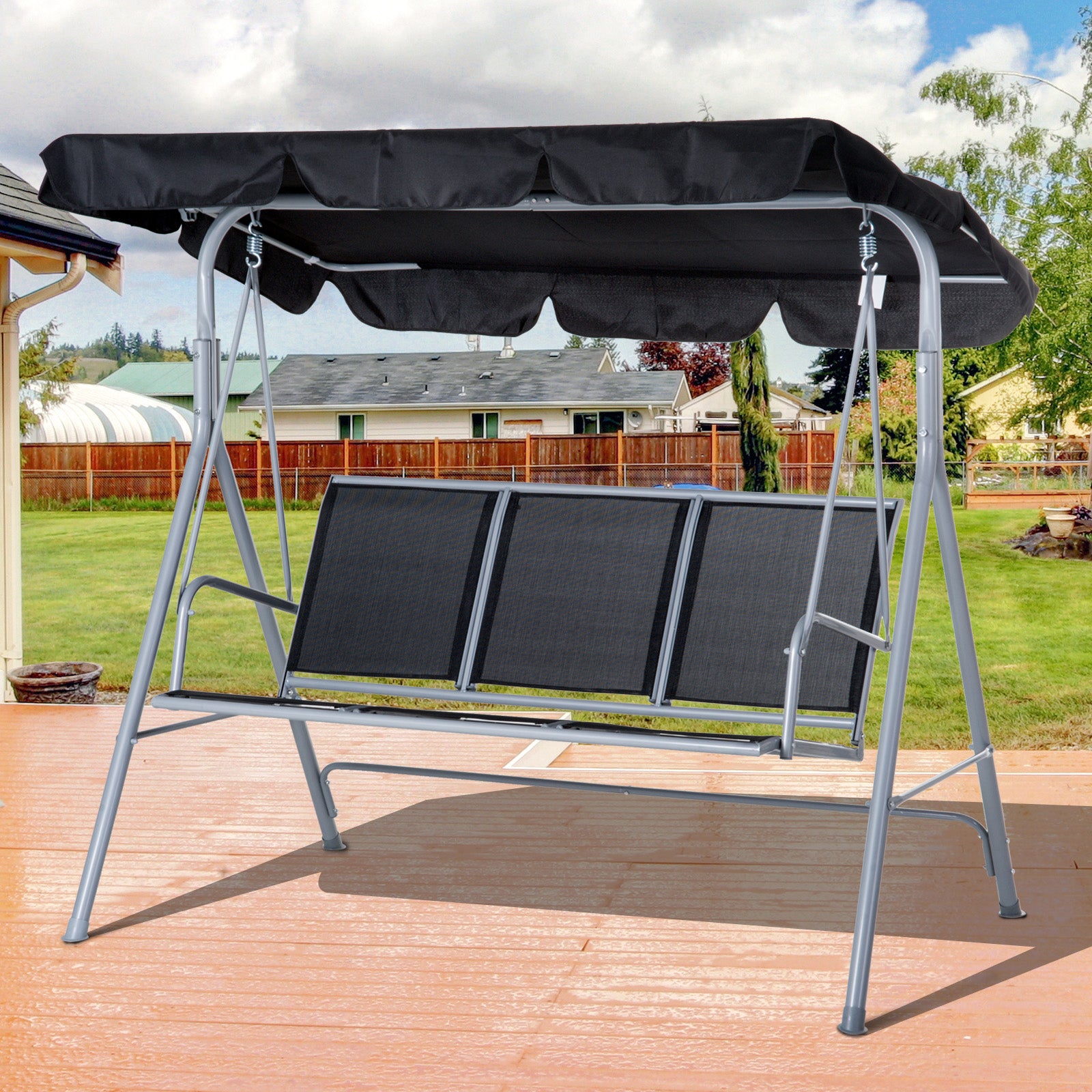Metal Swing Chair Garden Hammock 3 Seater Patio Bench Canopy | Black
