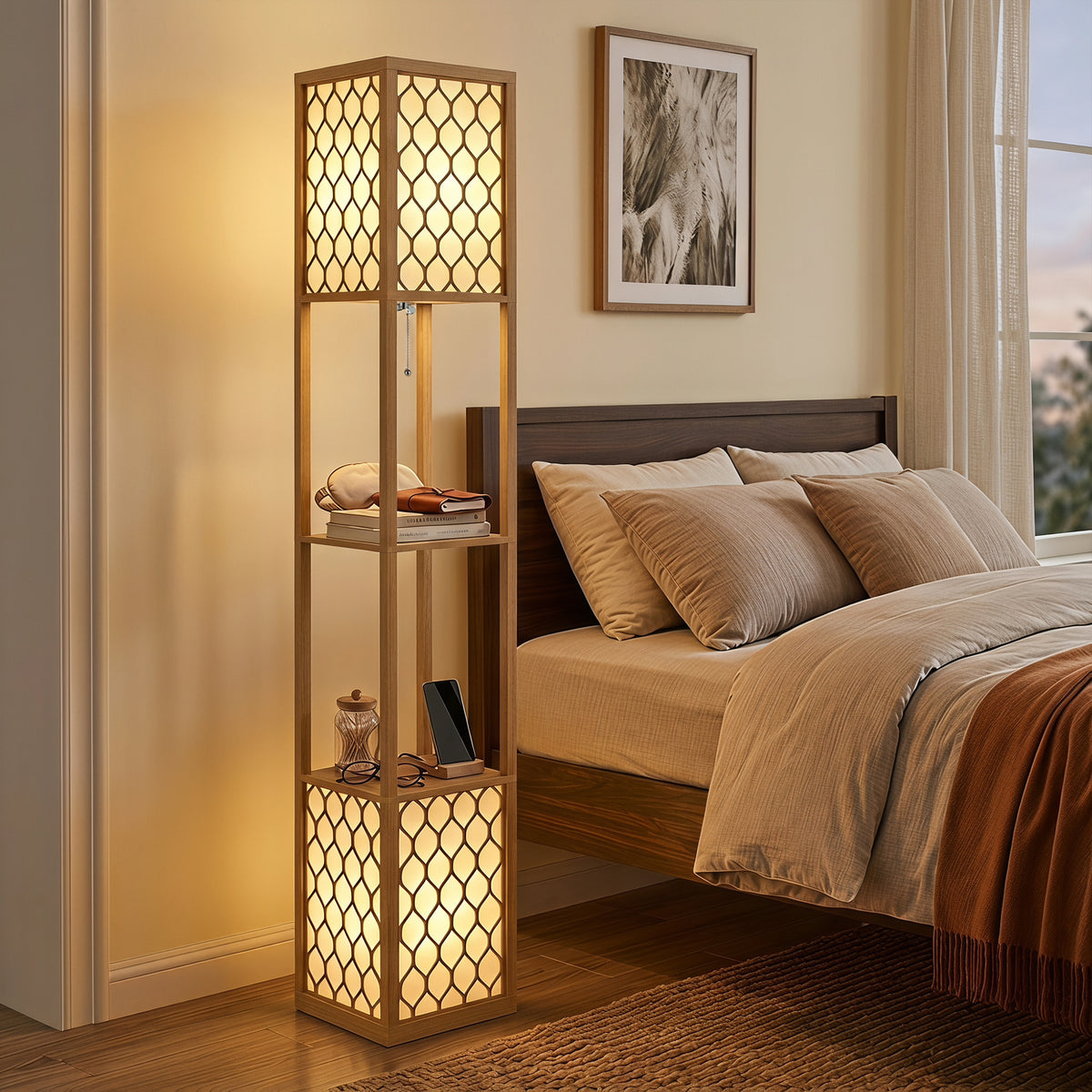 2-light Modern Floor Lamp W/ Shelves, Bedroom | Yellow