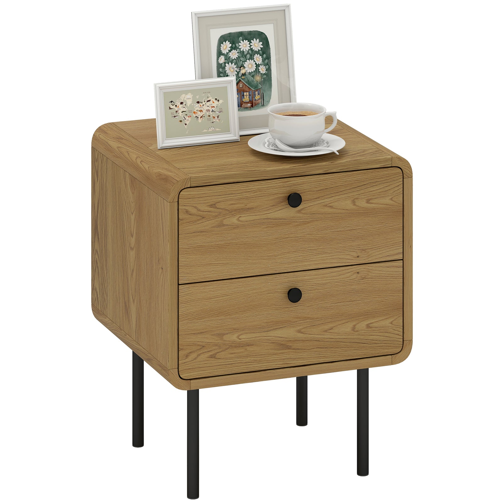 Bedside Table, Modern Nightstand With 2 Drawers Rounded Edges, Oak