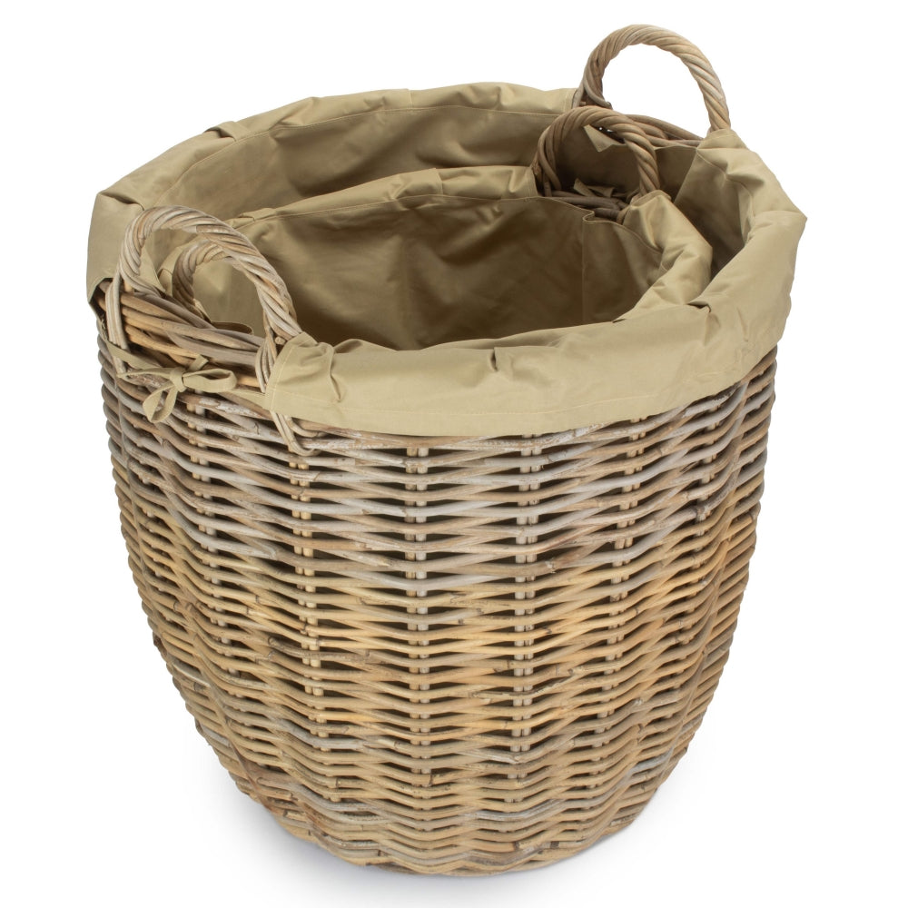 Set Of 2 Tall Round Fireside Grey Rattan Log Basket With Removable Cordura Lining