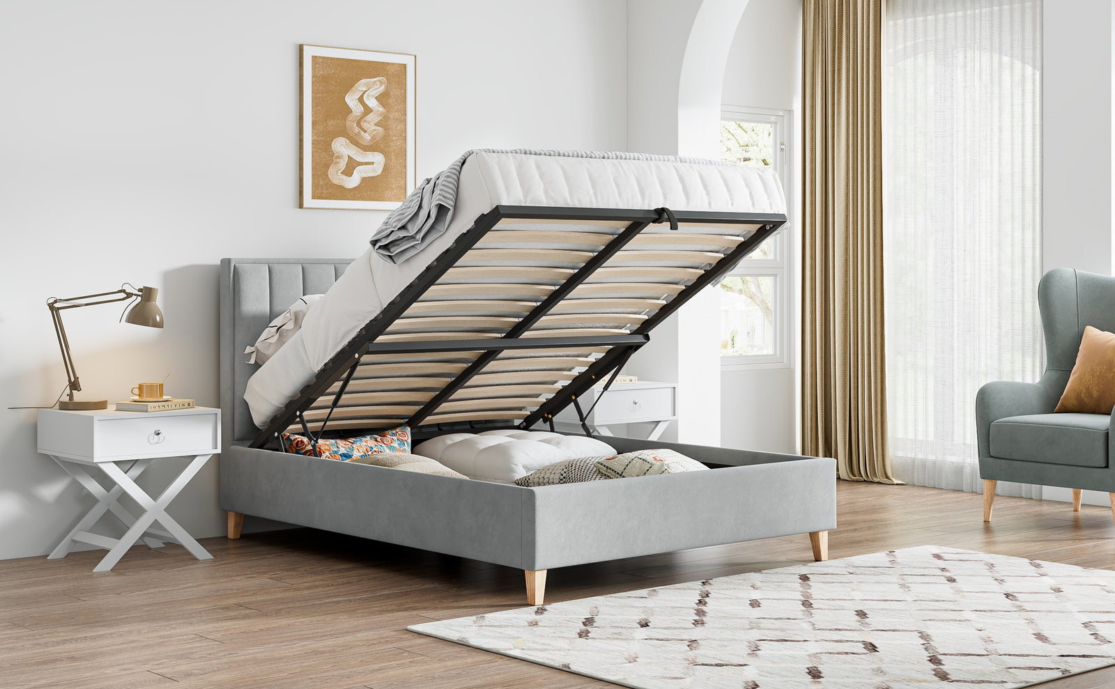 Rhodes Velvet Ottoman Bed | King | Grey