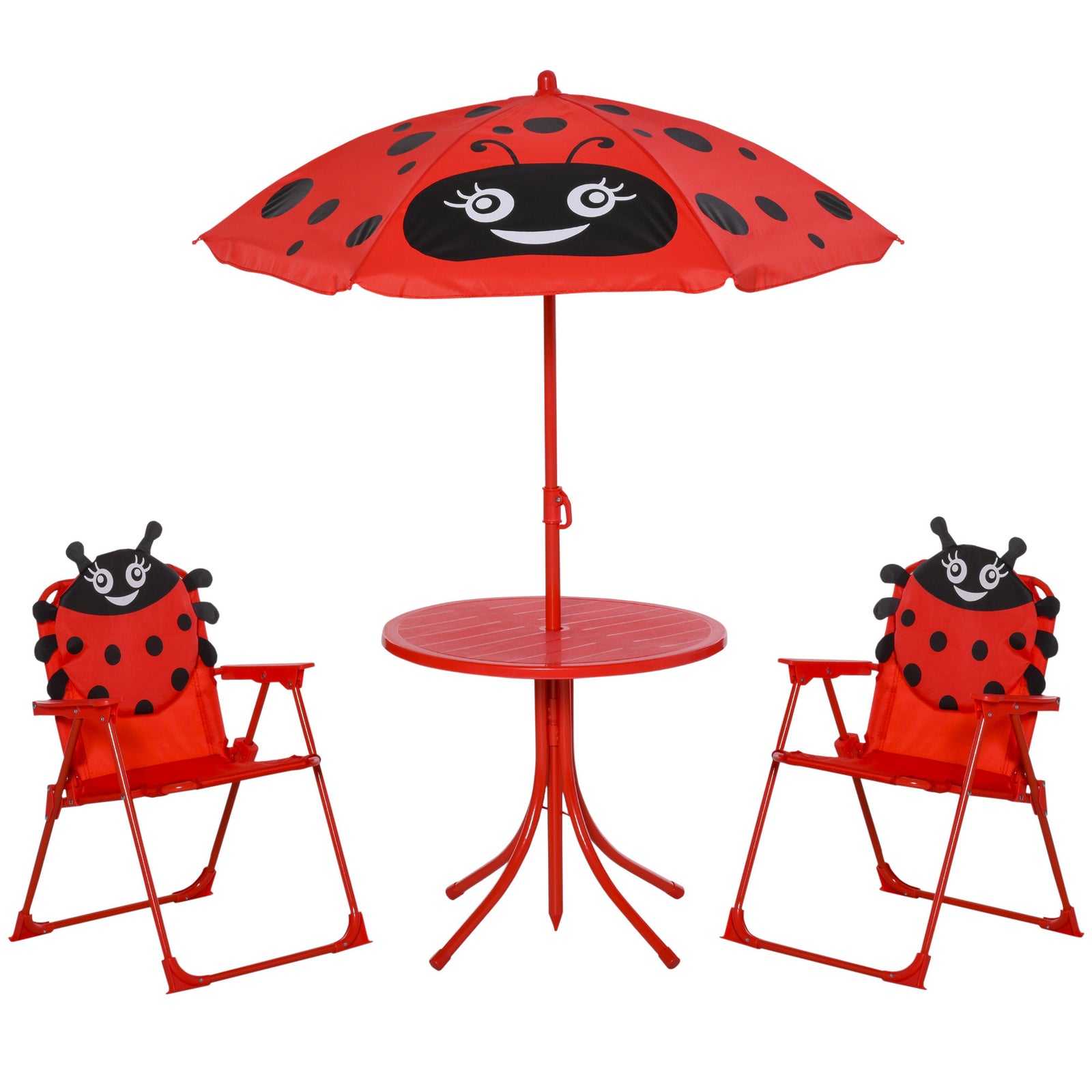 Kids Folding Picnic Table Chair Set Ladybug Pattern Outdoor W/ Parasol | Red