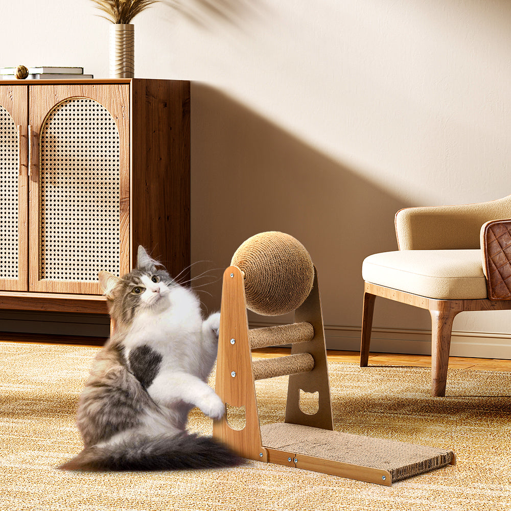 L-shaped Cat Scratcher With Sisal Ball And Horizontal Posts Multi-angle Cat Climbing & Scratching Toy