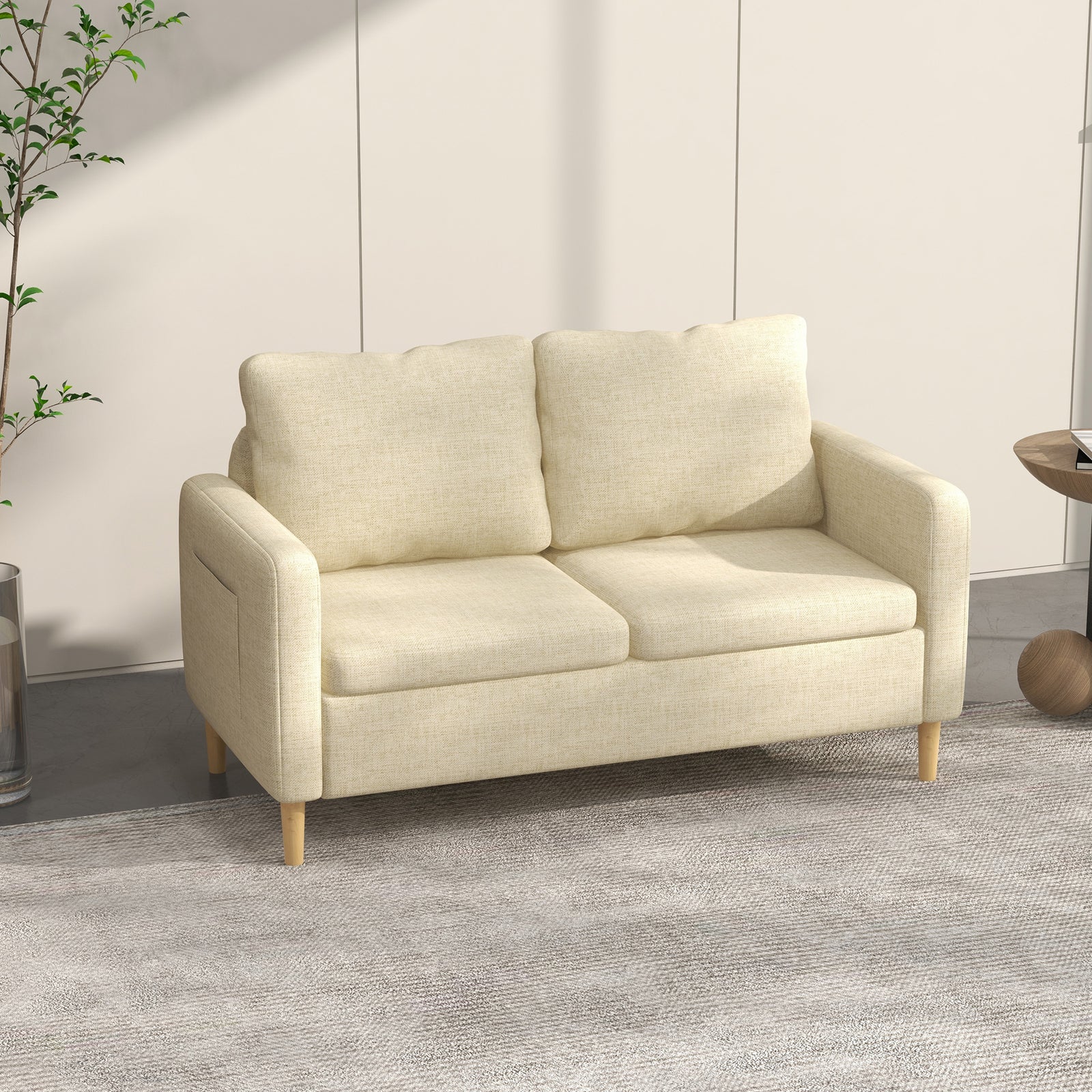 2 Seater Sofa Modern Fabric Couch With Wood Legs 2 Pockets | Double | Beige