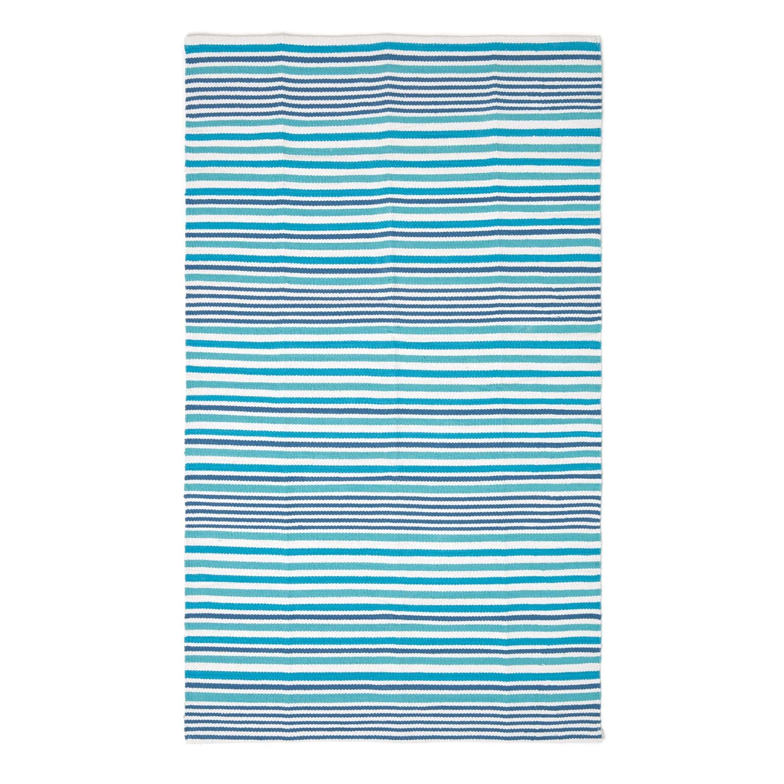 Modern Blue Scandinavian Style Striped Cotton Rug | 150cm x 95cm | Aqua