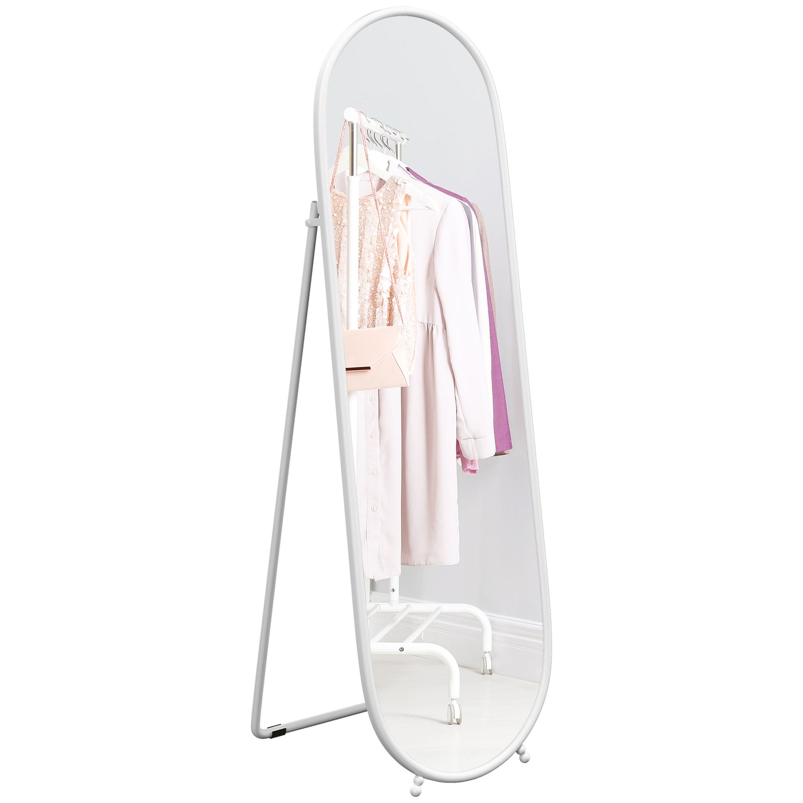 Oval Full Length Mirror With Metal Frame Hanging Or Leaning | One Size | White