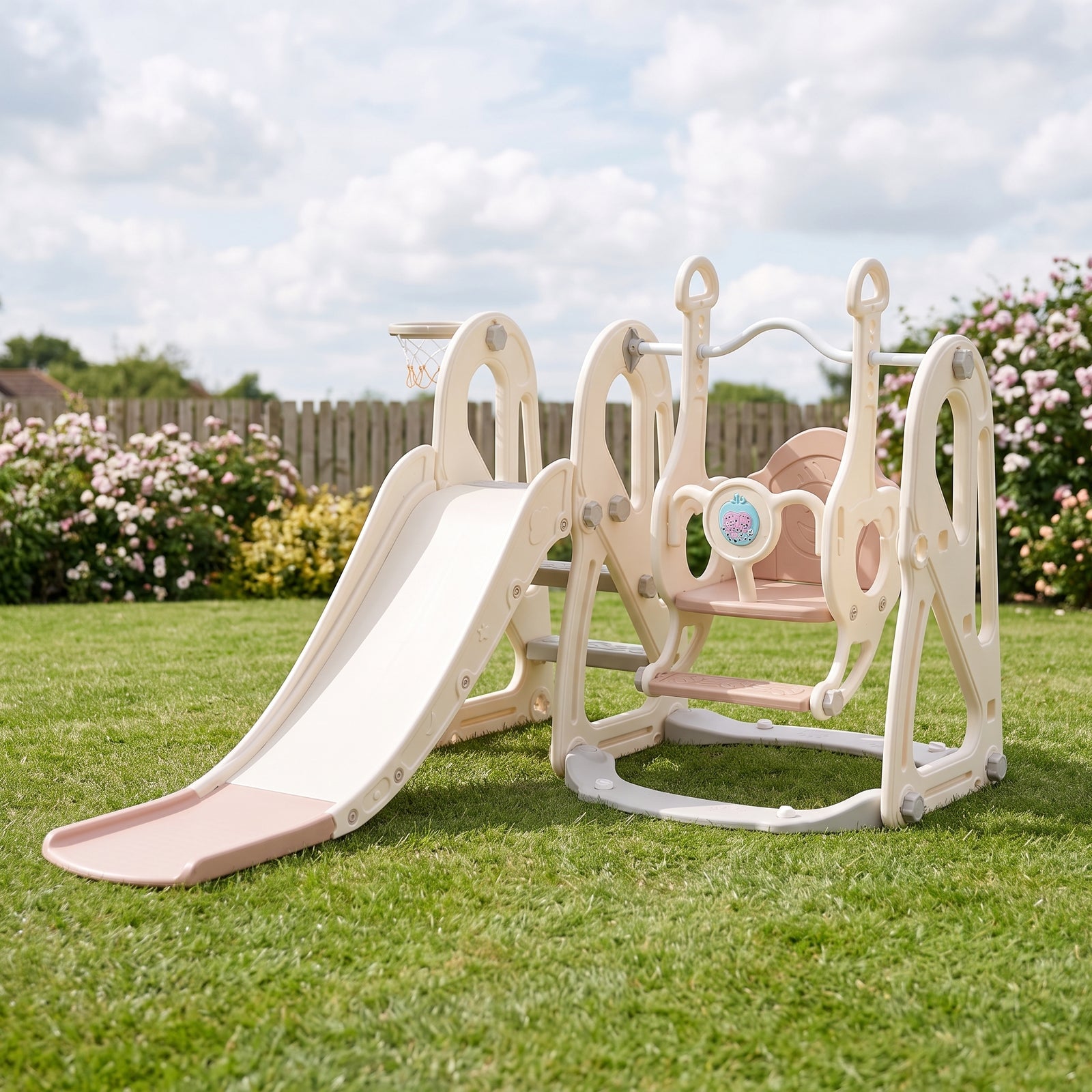 4-in-1 Kids Slide & Swing Set With Basketball Hoop | Pink