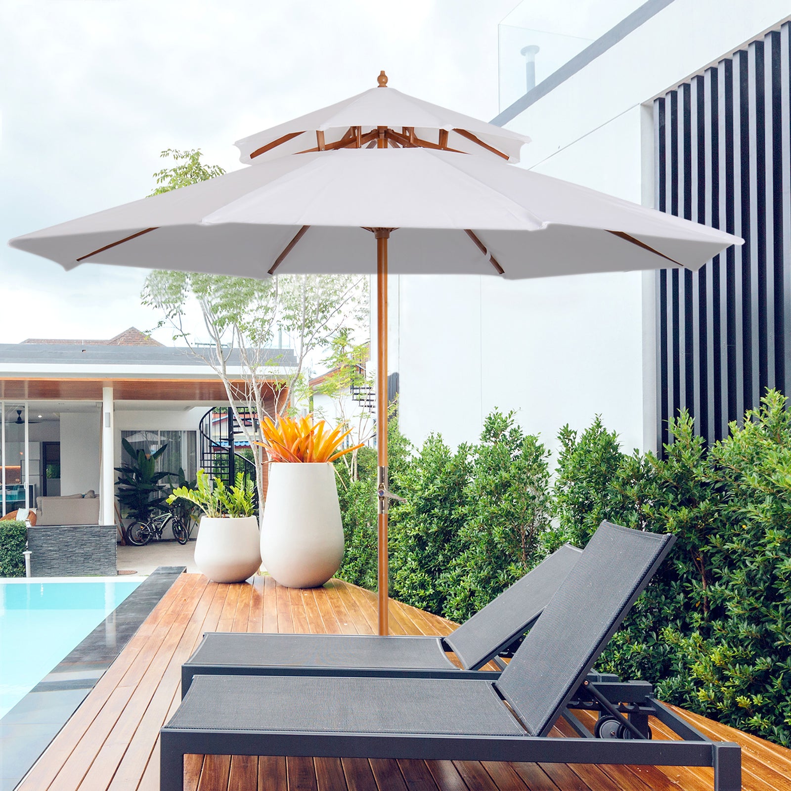2.7m Double Tier Patio Umbrella Sunshade Parasol | White