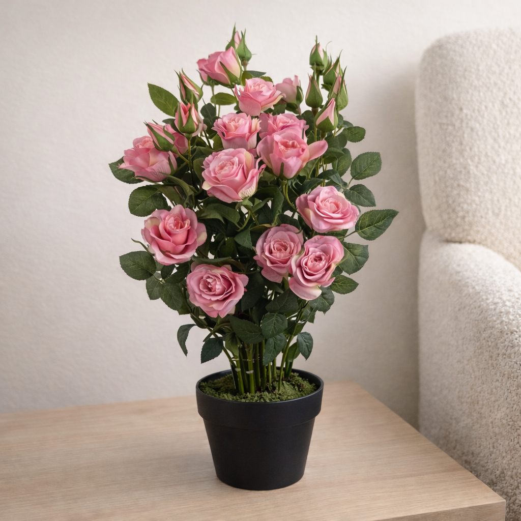 60cm Artificial Premium Rose Bush Pink Silk Flowers And Leaves