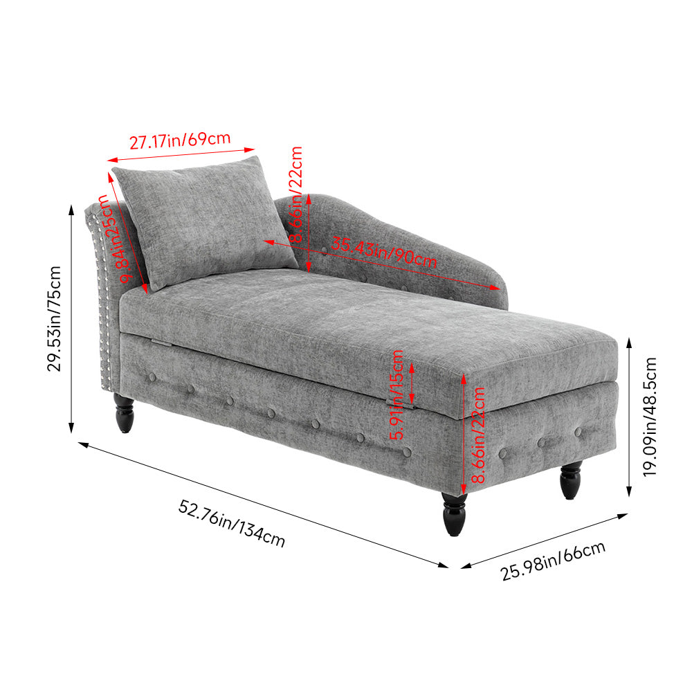 Left Hand Facing Chenille Chaise Lounge With Storage And Pillow | Grey