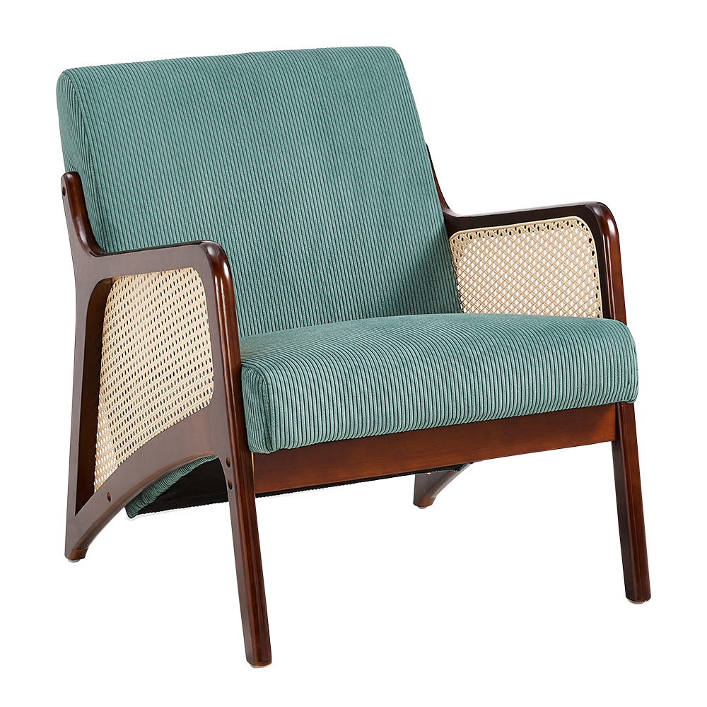 Corduroy Armchair With Rattan-weave Side Panels – Accent Chair With Rubberwood Legs | Green