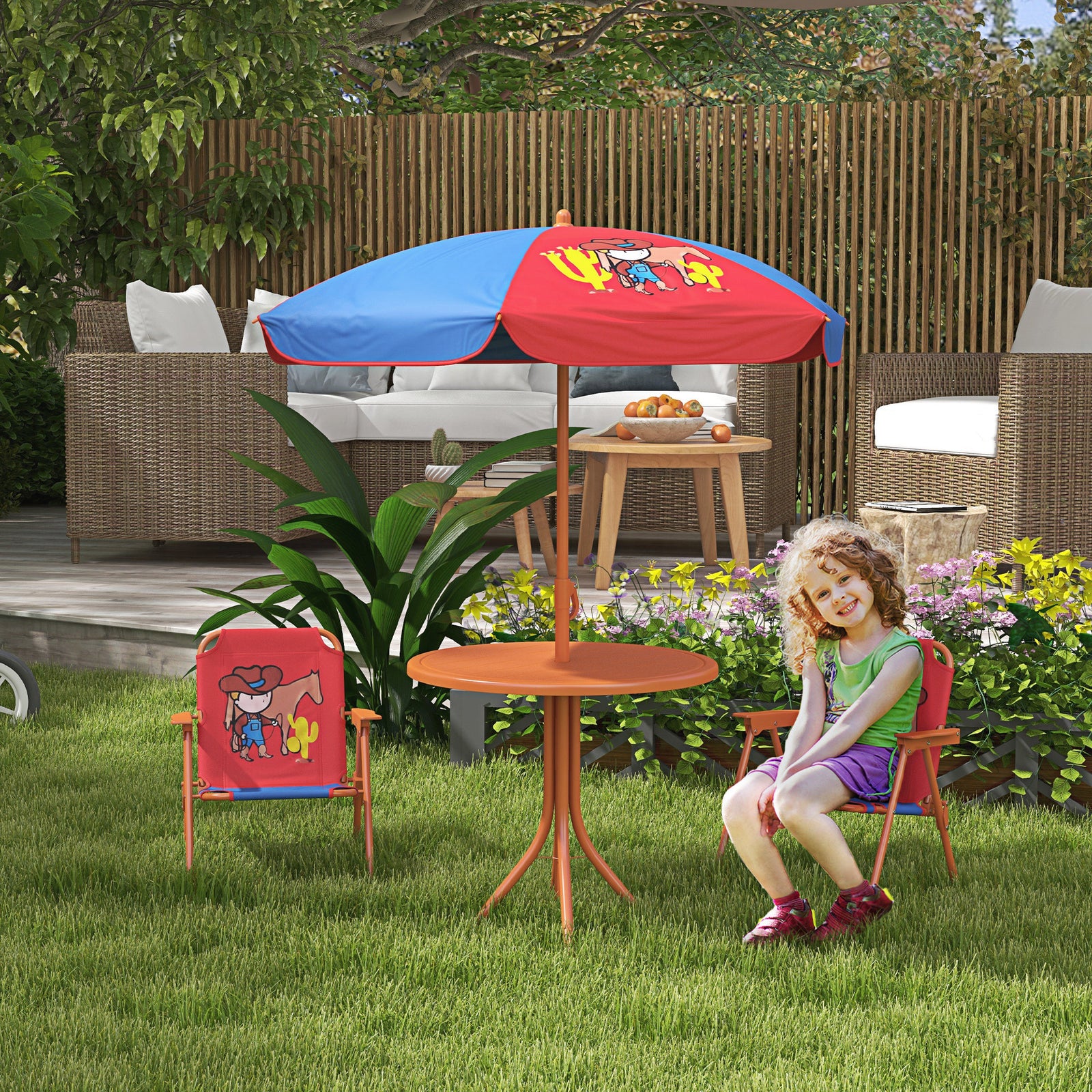 Kids Bistro Table And Chair Set W/ Cowboy Theme, Adjustable Parasol