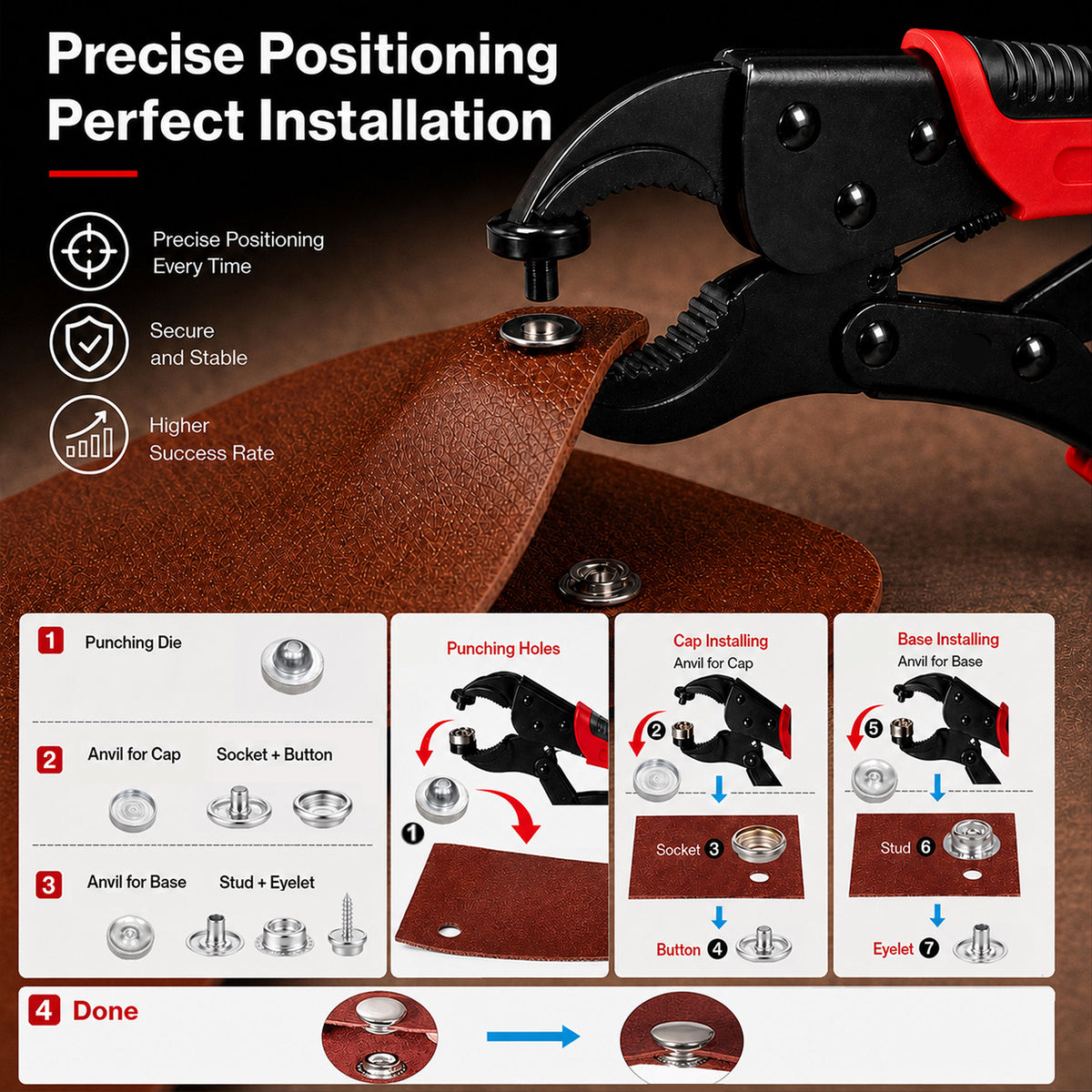 Snap Fastener Kit Adjustable Press Tool For Boat Covers Leather Cloths Red | Red