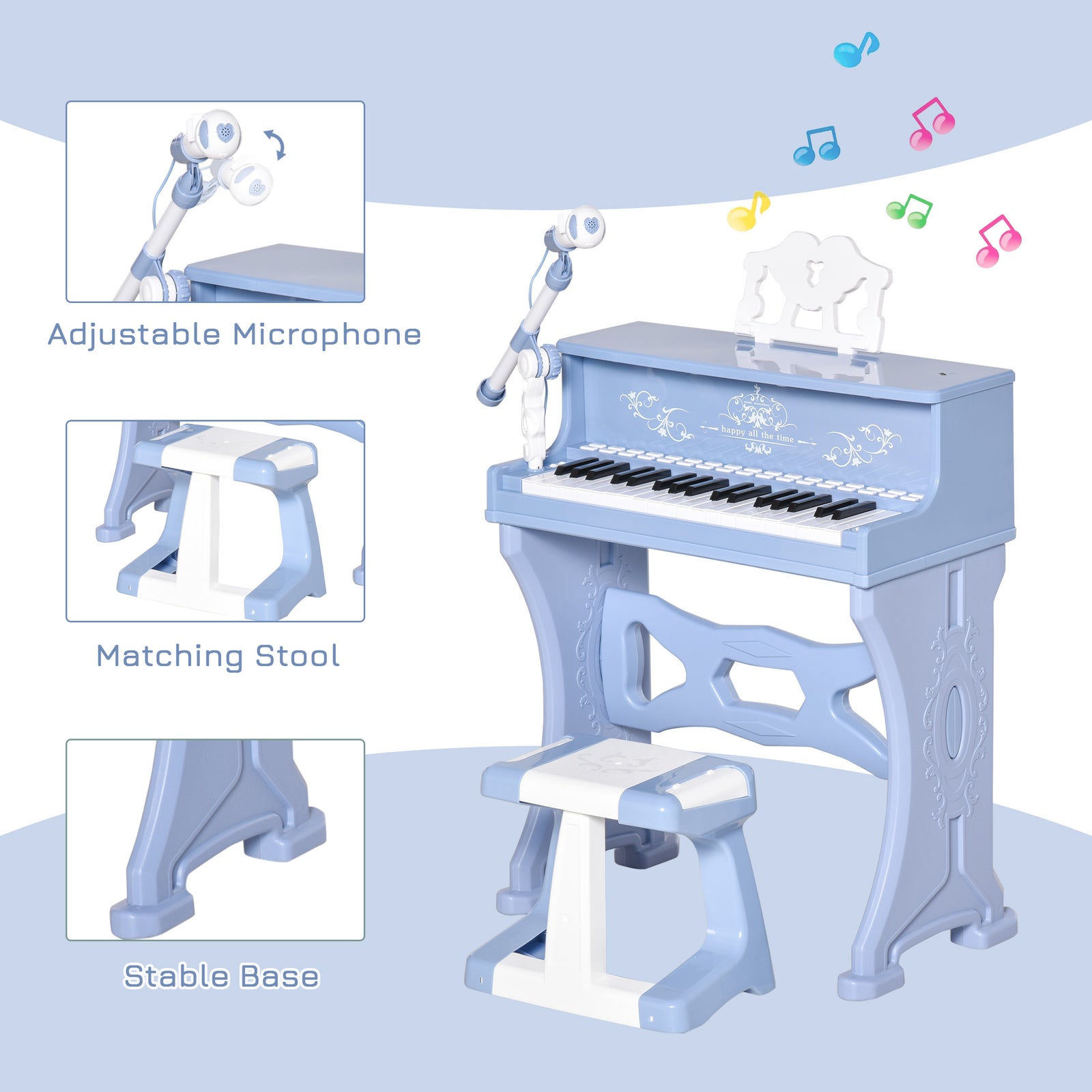37 Key Keyboard Battery Piano Kids Microphone Stool Educational Game | Blue