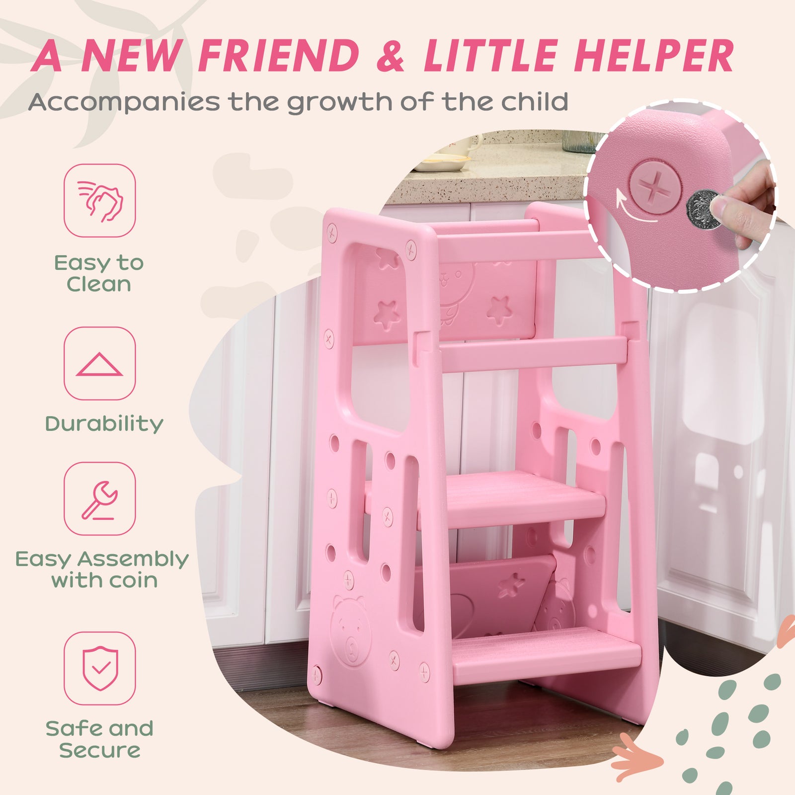 Step Stool, Adjustable Standing Platform, Toddler Kitchen Stool | Pink