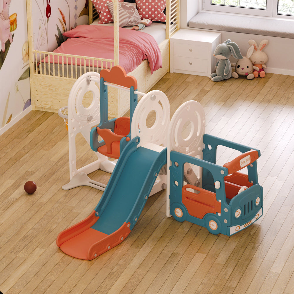 3-in-1 Toddler Slide, Swing, And Climber Playset With Toy Storage Indoor Playground Set For Kids Ages 1-4 | Blue