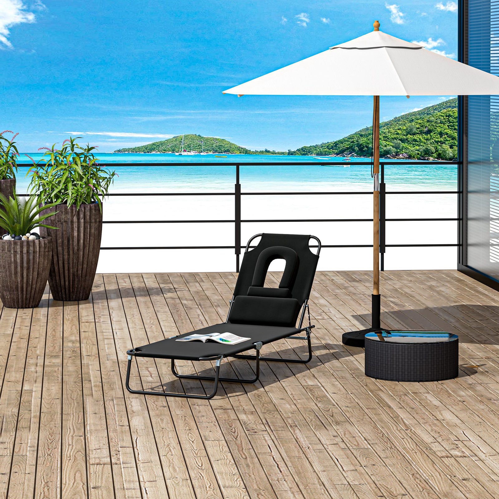 Garden Sun Lounger Folding Recliner Chair | Set of 1 | Black