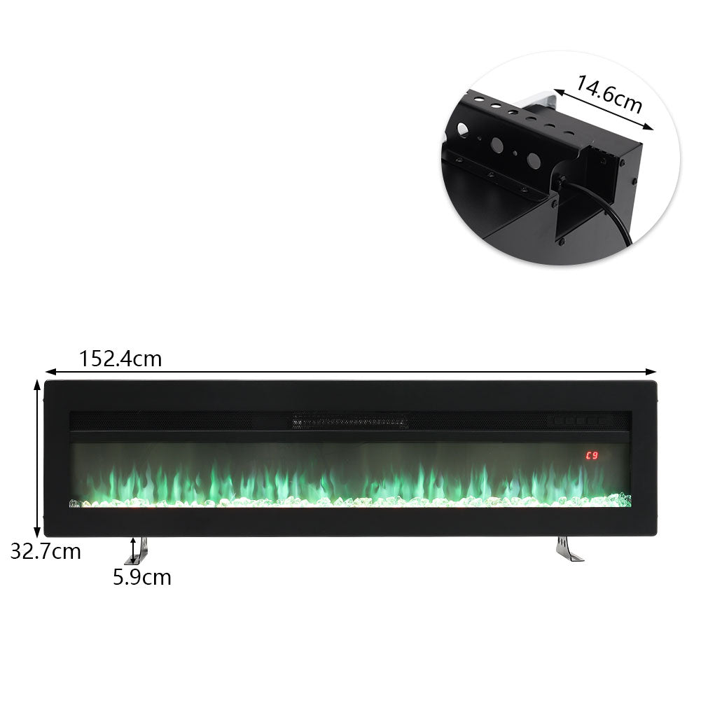 60-inch Electric Fireplace, Recessed/wall Mounted/freestanding Heater With 12-colour Flame,crystal Bed, Remote Control & Timer | Black