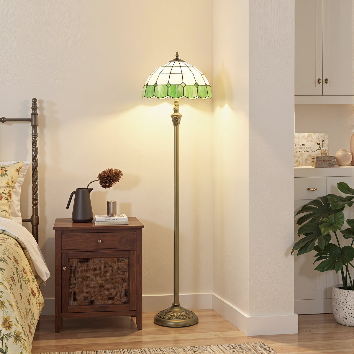 Tiffany-style Floor Lamp With Glass Shade, Bronze Tone And Green