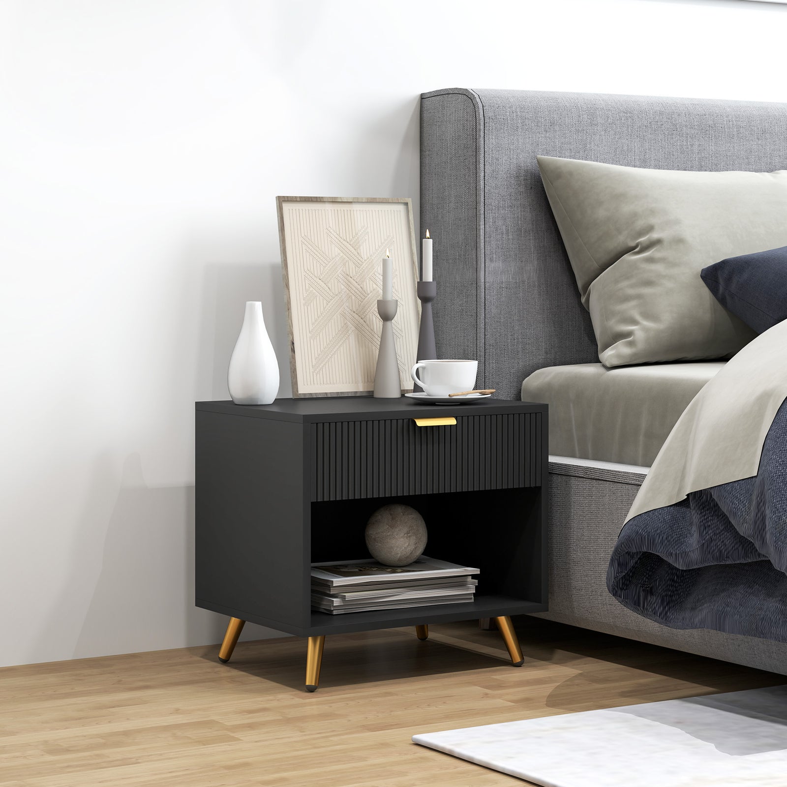 Small Table With Drawer, Open Compartment And Handle | One Size | Black