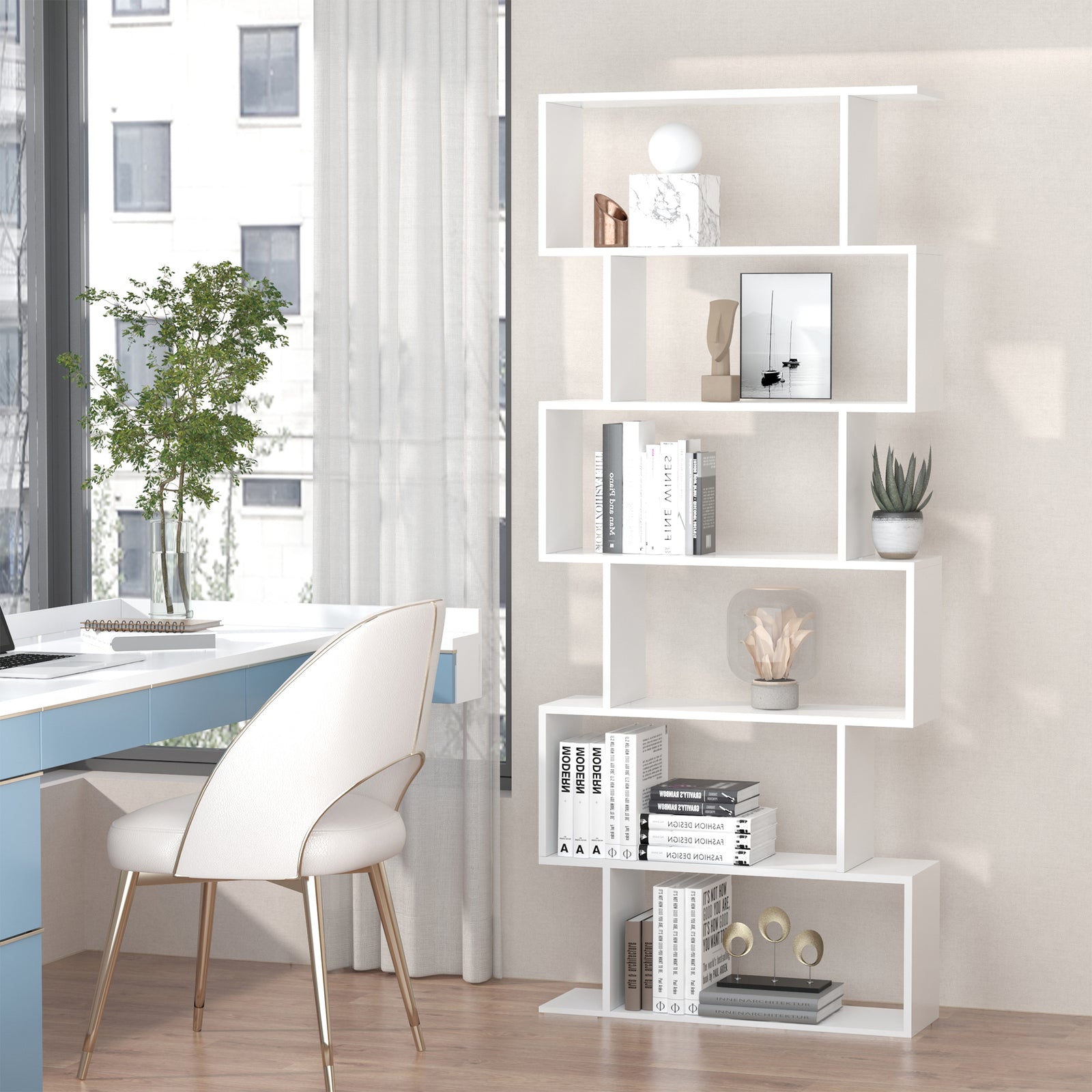 6-tier Wooden Modern S-shaped Shelf Storage Unit Home Office | One Size | White
