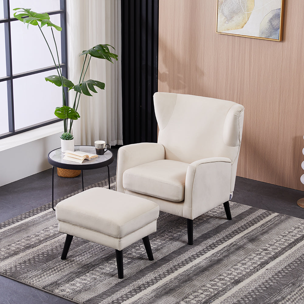 Velvet Upholstered Leisure Chair With Footstool – Accent Armchair With Wooden Frame | Beige