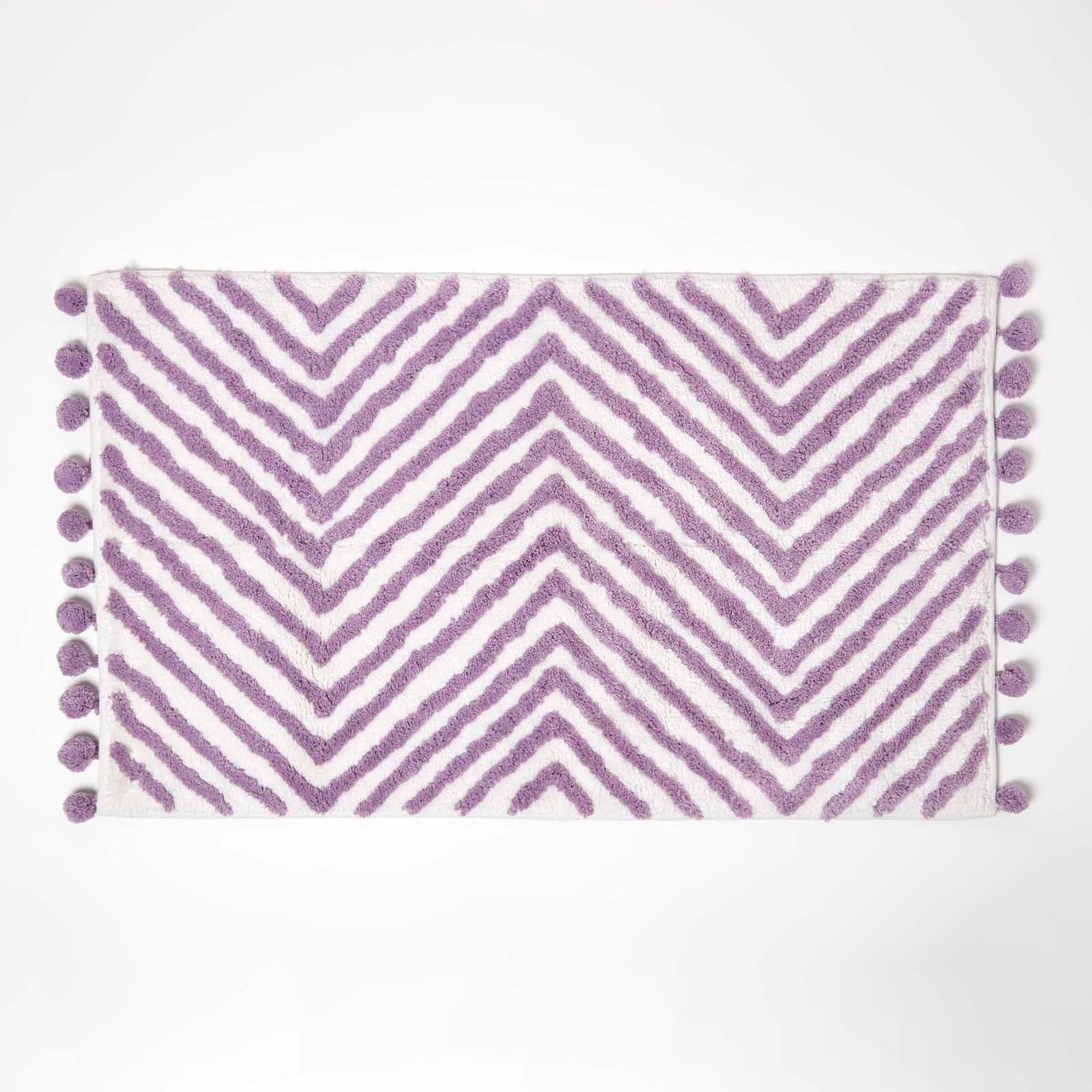 Tufted Cotton Bath Mat Zig Zag Design With Pom Poms | 50 x 80cm | Lilac