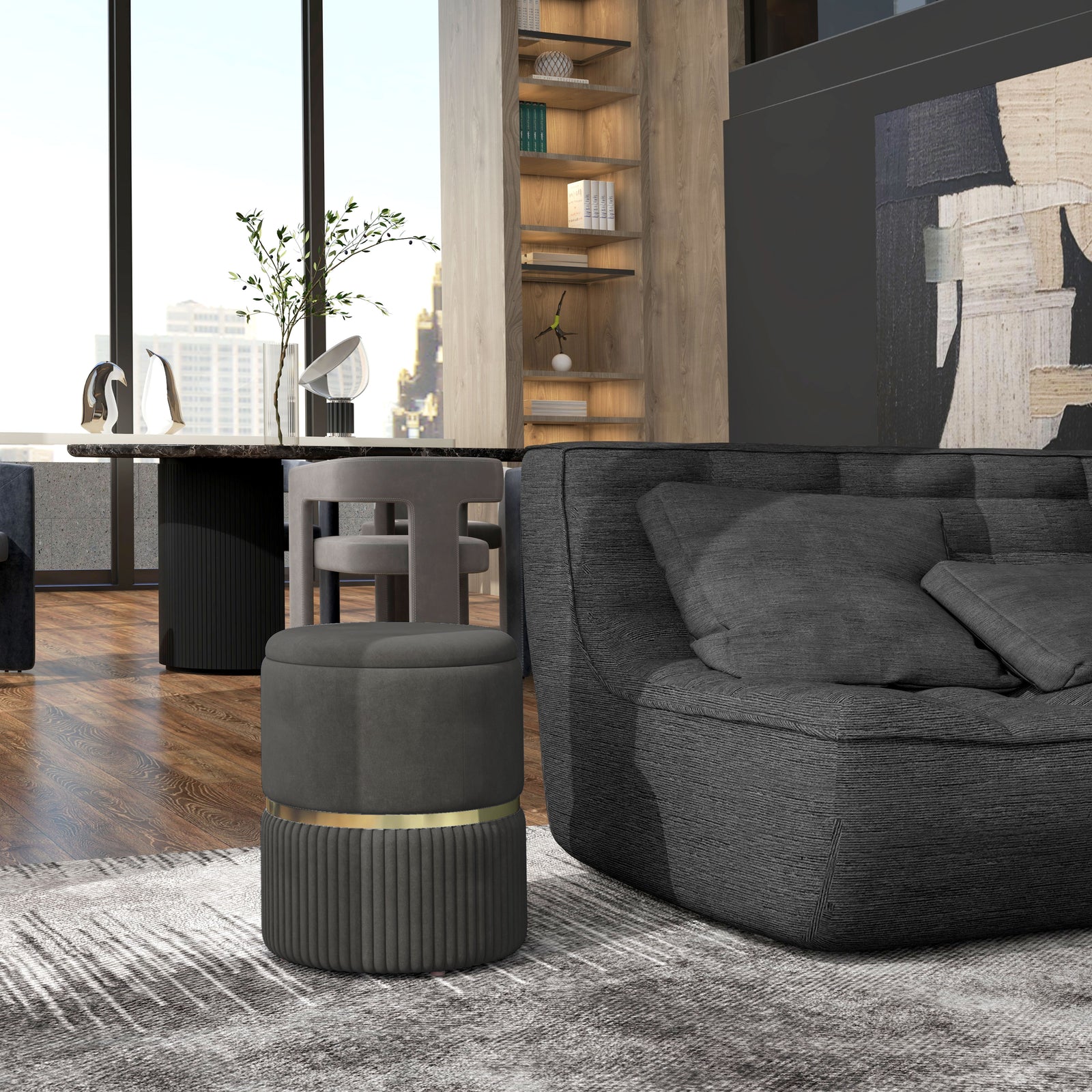 Round Pouffe, Hidden Space, Cushioned Top | Gray