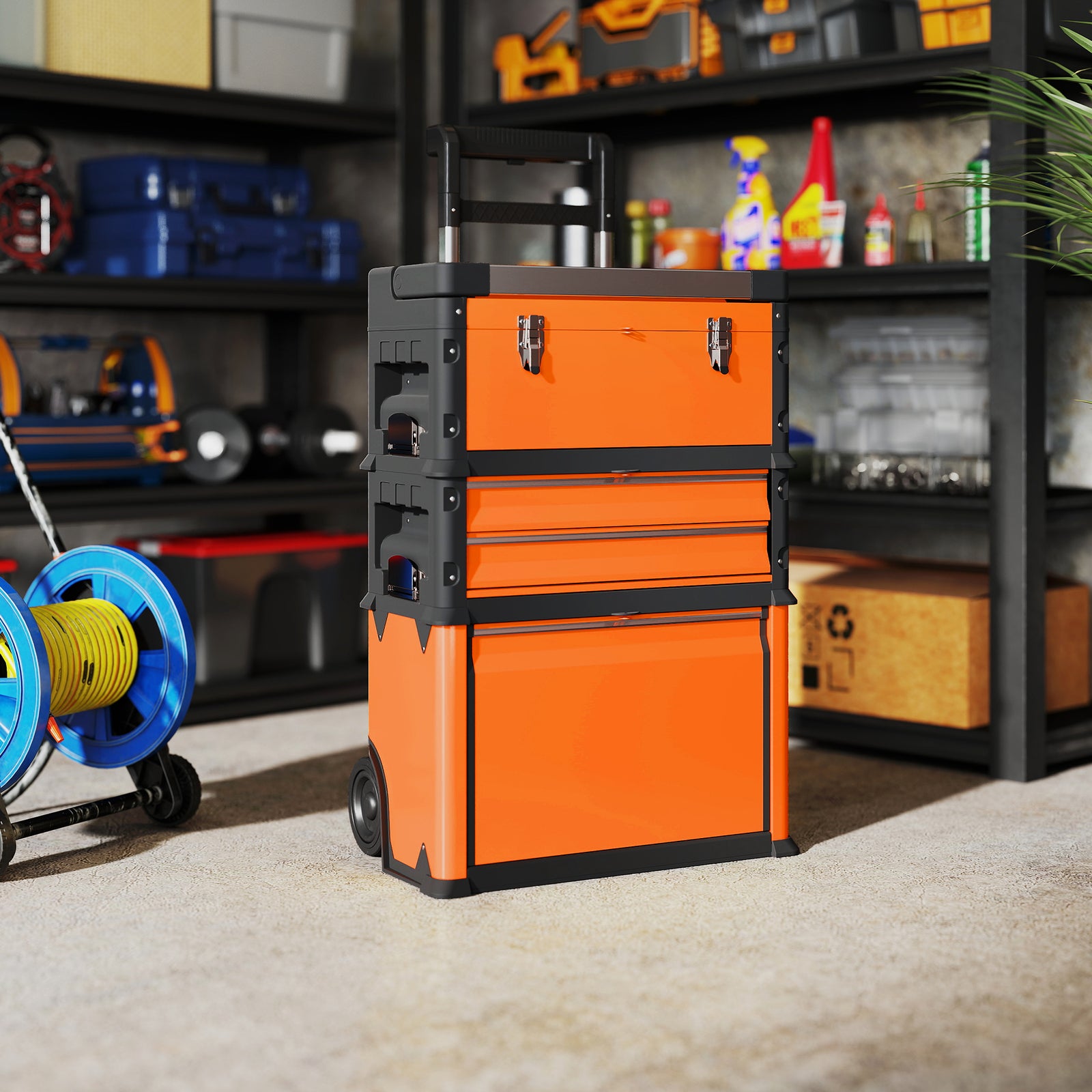 3-tier Tool Box With Wheels, Stackable Steel Toolbox | Orange