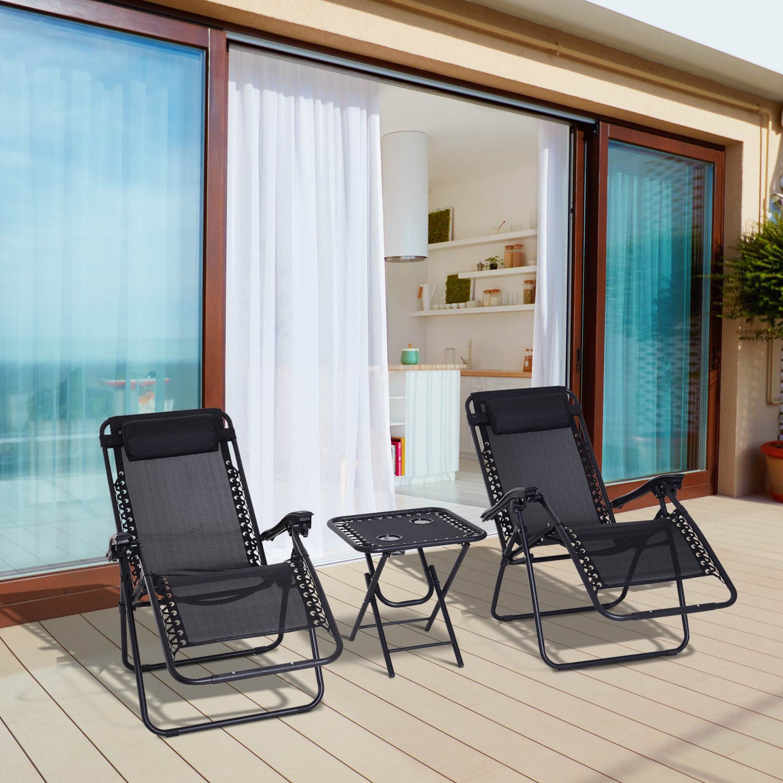 3pc Zero Gravity Chairs Sun Lounger Table Set W/ Cup Holders | Black