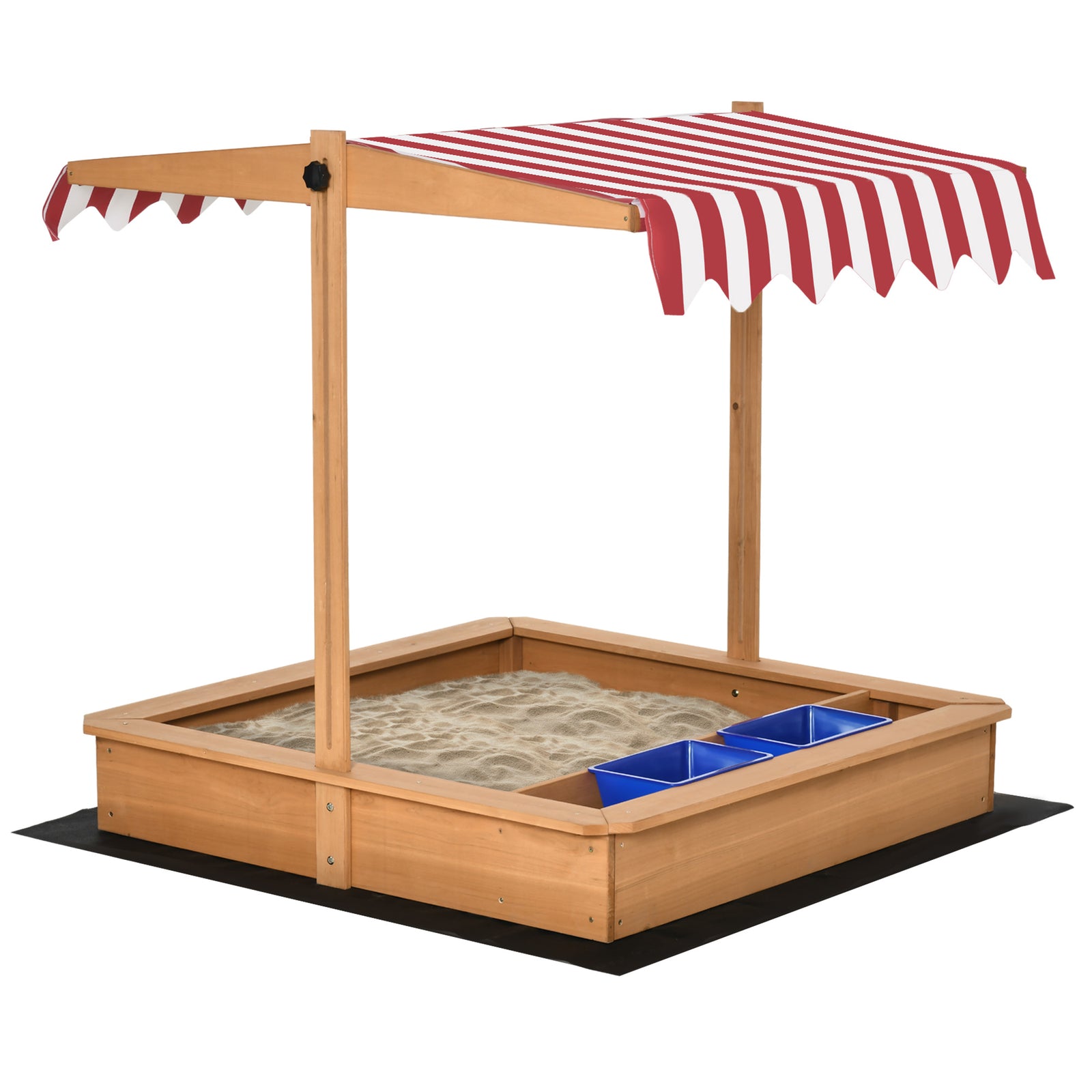 Kids Wooden Sandbox Sand Pit Height Adjustable With Canopy Basins