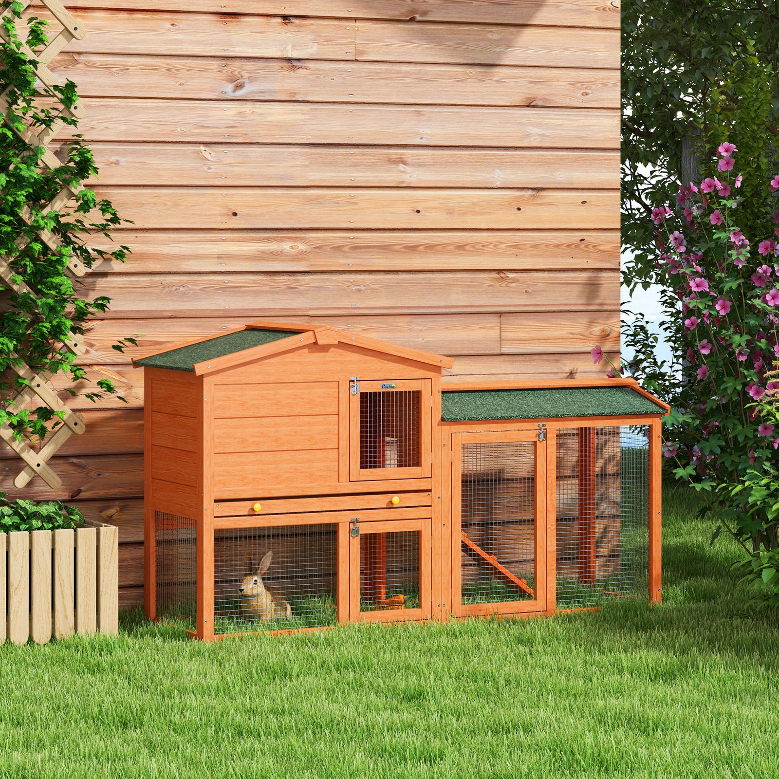 Wooden Rabbit Hutch With Run, Ramp, Slide-out Tray, Orange