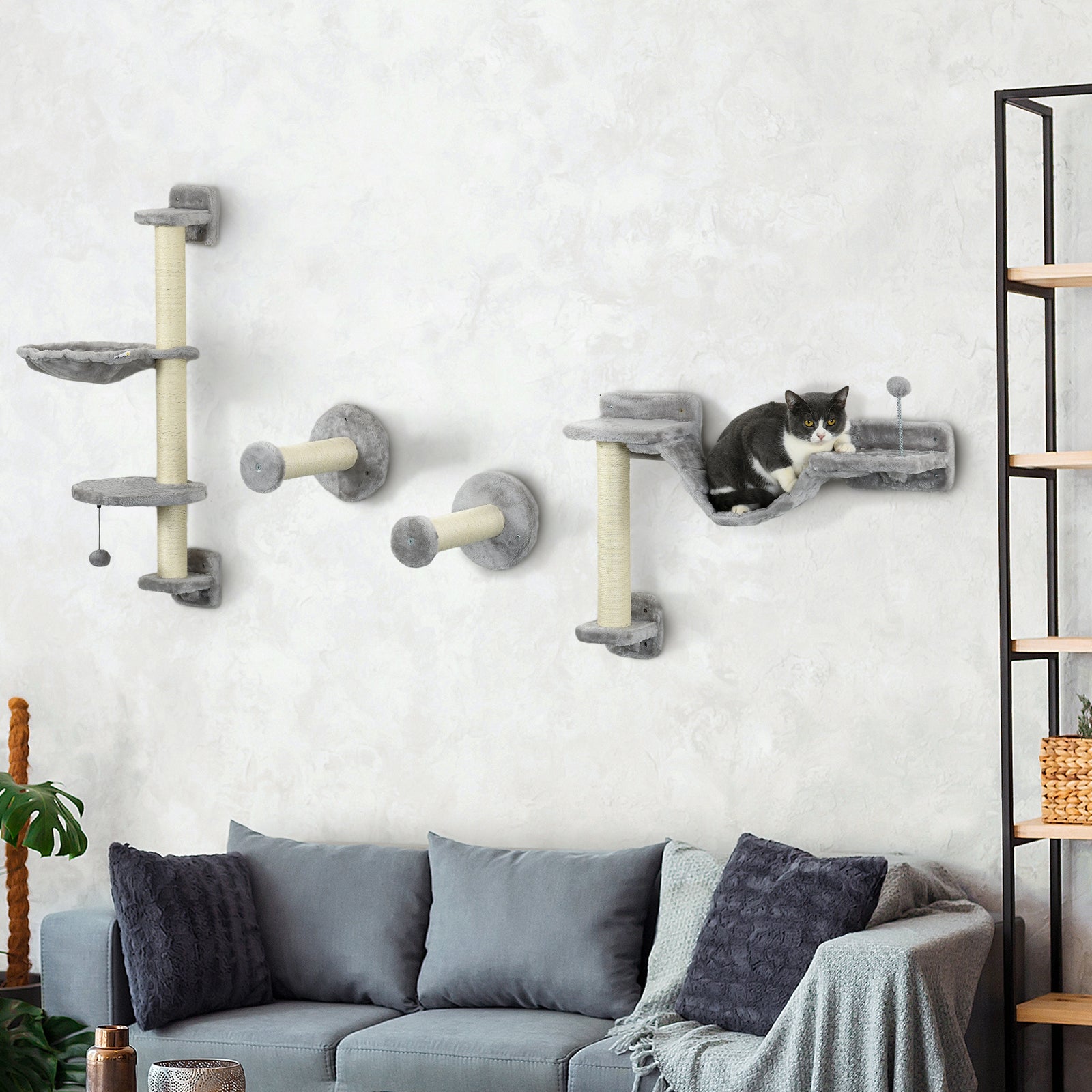 Cat Wall Furniture With Hammock, Perches, Ladder, Scratching Post, Grey