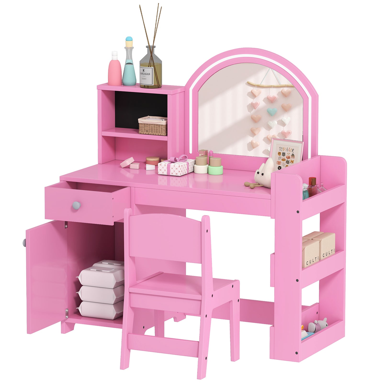 Girls Dressing Table With 2-colour Led Mirror And Stool | Pink
